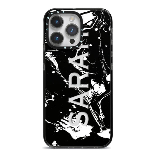 Personalised Clear Name Cutout Swirl Marble Custom iPhone 14 Pro Max Black Impact Case on Silver phone