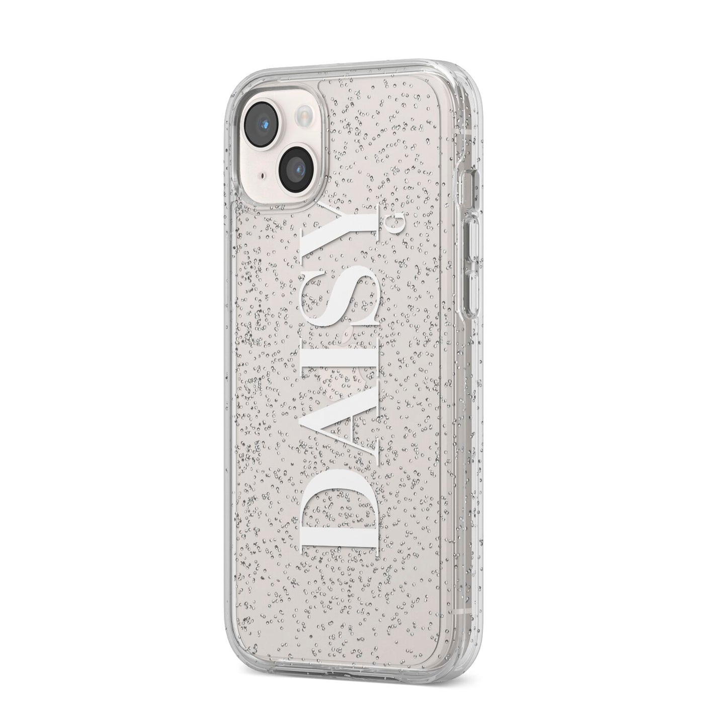 Personalised Clear Name iPhone 14 Plus Glitter Tough Case Starlight Angled Image