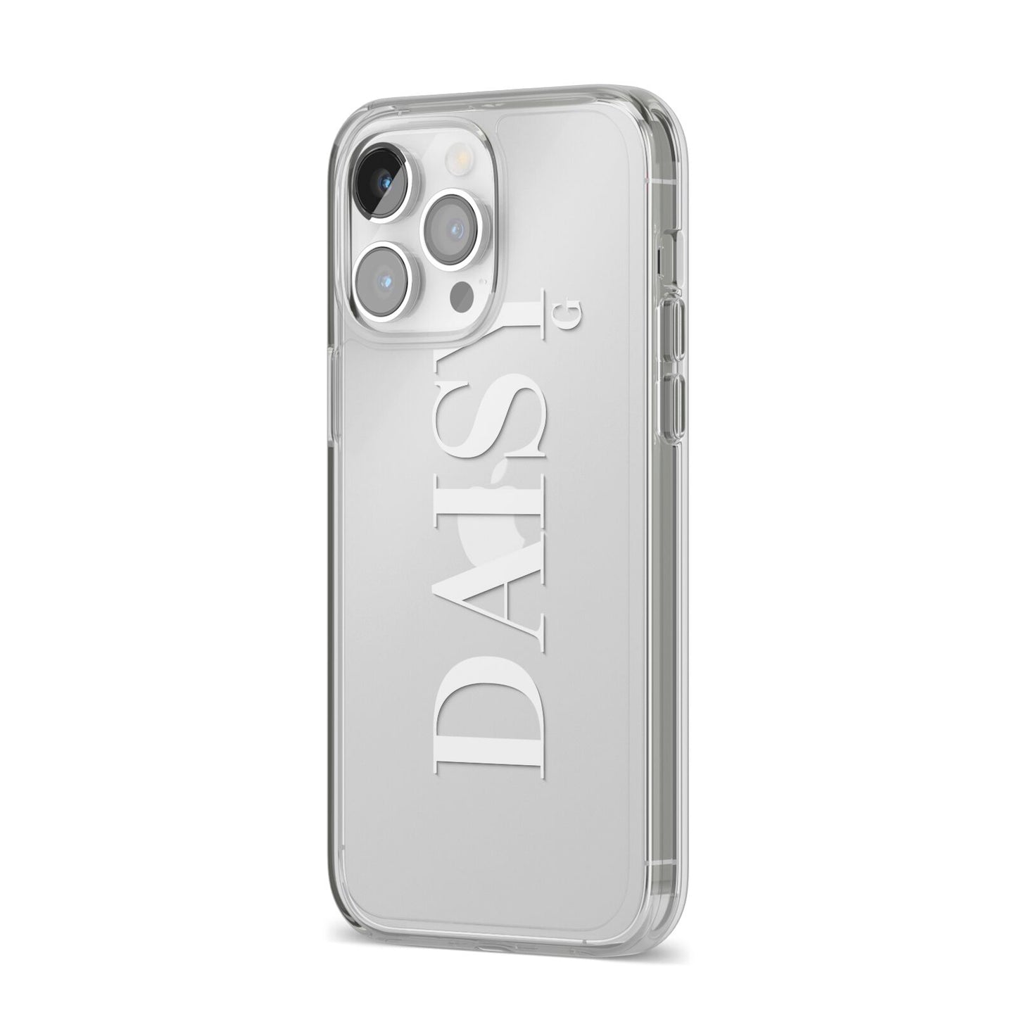 Personalised Clear Name iPhone 14 Pro Max Clear Tough Case Silver Angled Image