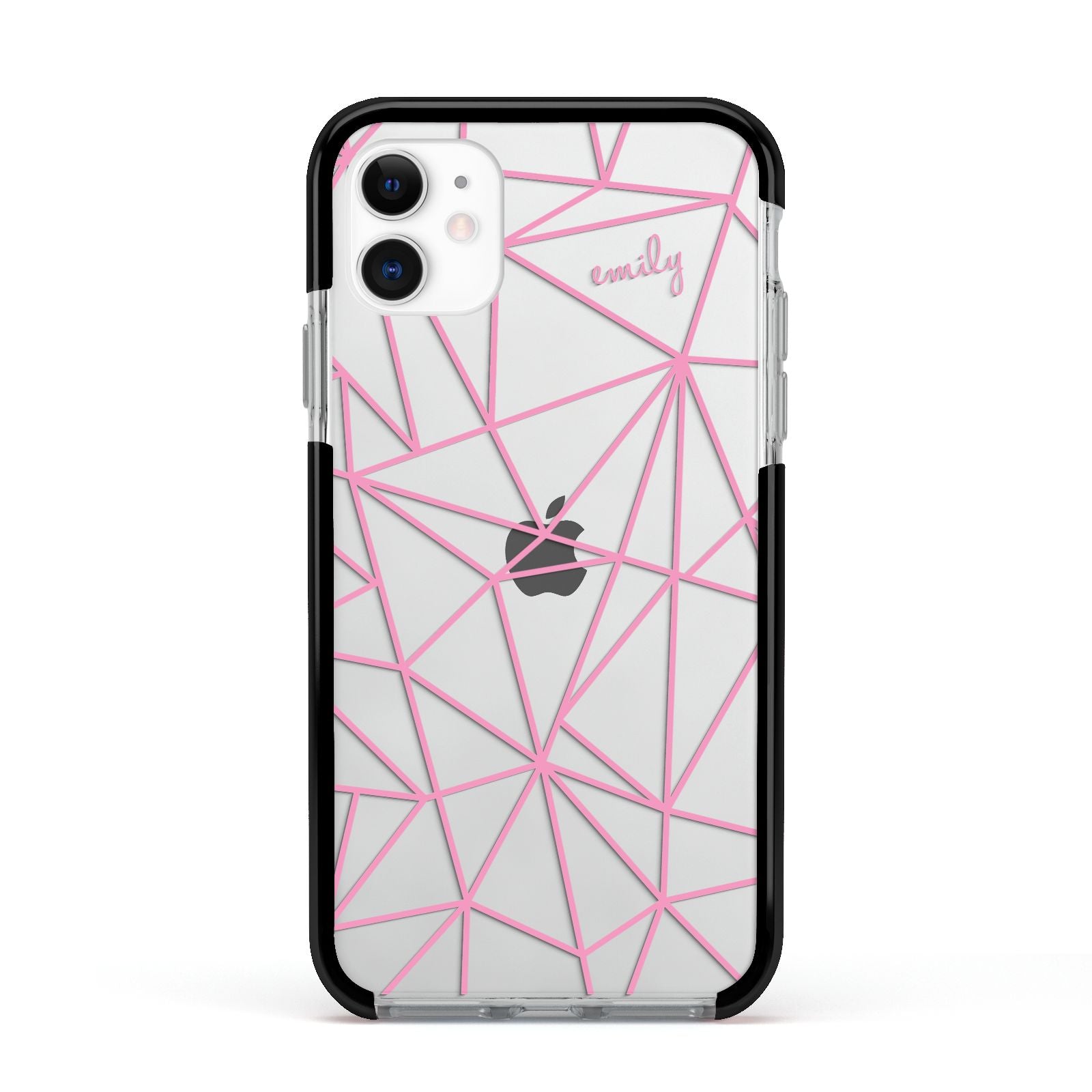 Personalised Clear Outlines Name Pink Apple iPhone 11 in White with Black Impact Case