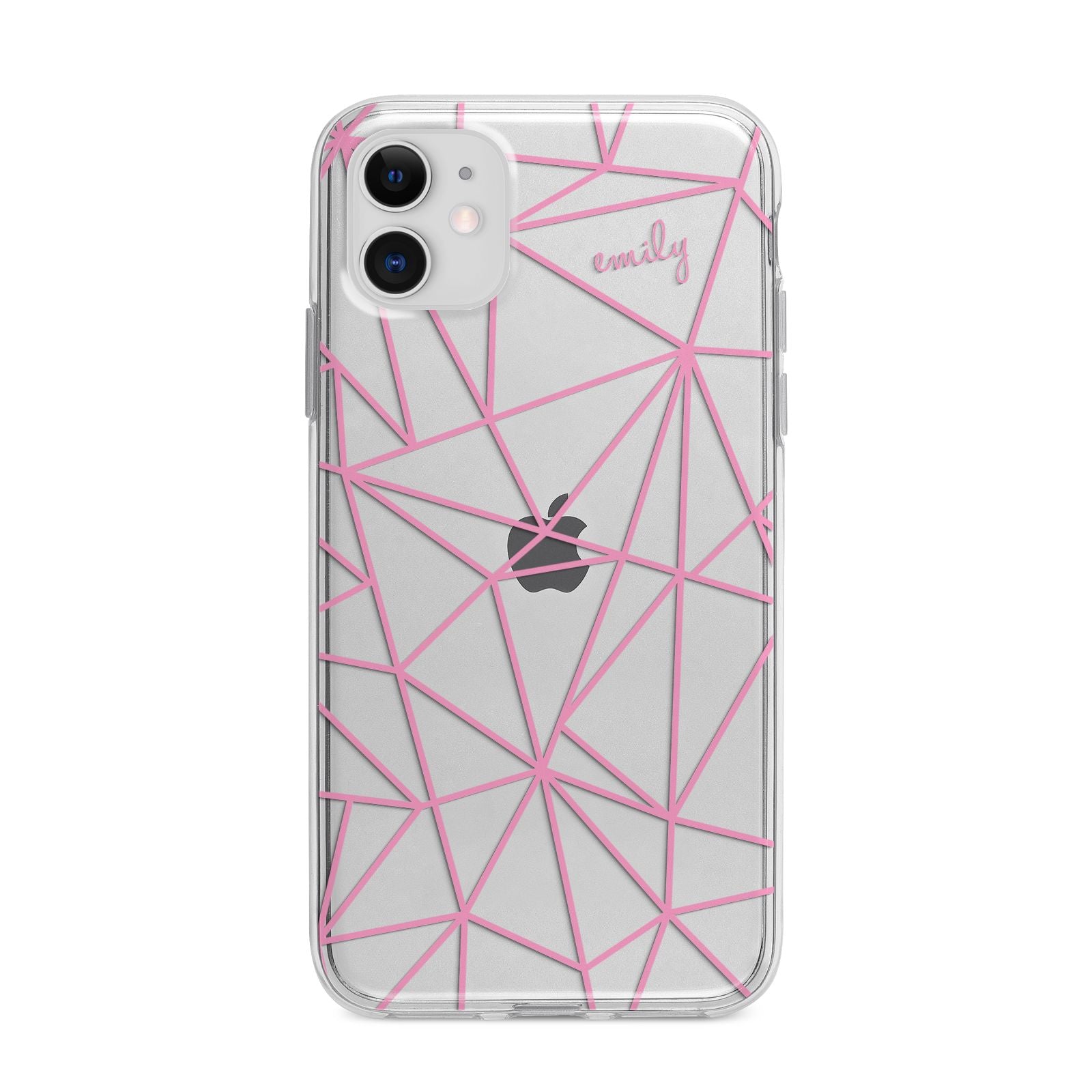 Personalised Clear Outlines Name Pink Apple iPhone 11 in White with Bumper Case