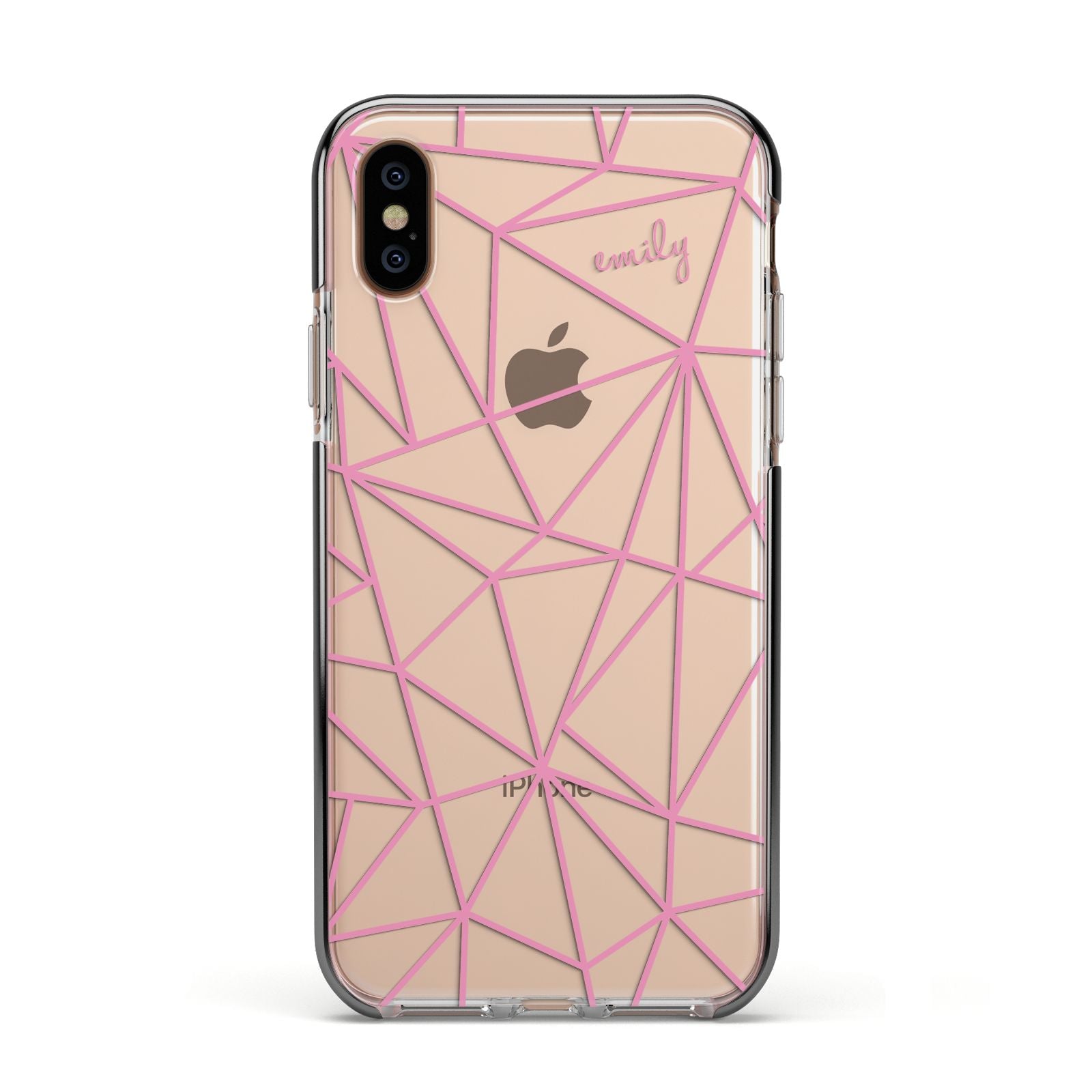 Personalised Clear Outlines Name Pink Apple iPhone Xs Impact Case Black Edge on Gold Phone