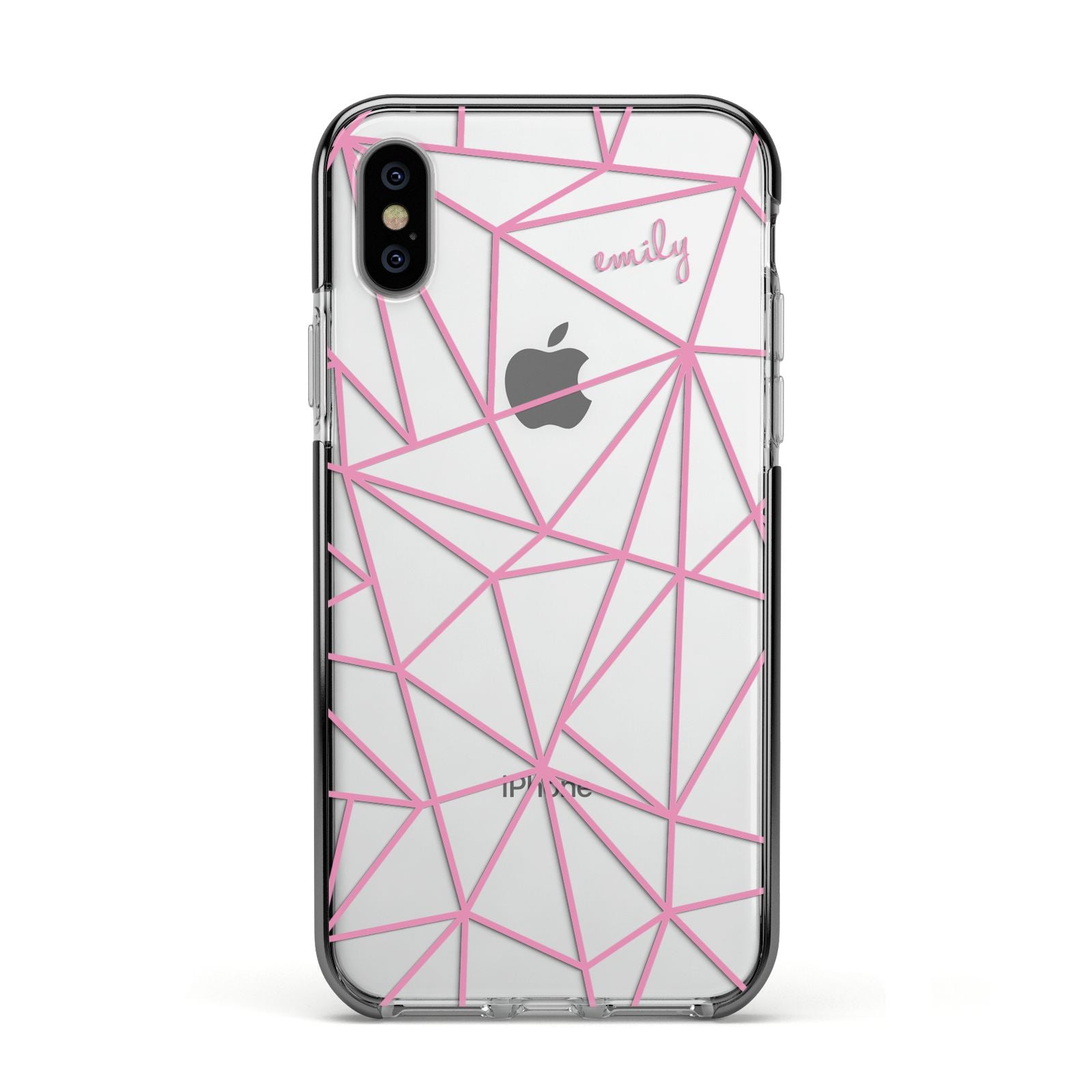 Personalised Clear Outlines Name Pink Apple iPhone Xs Impact Case Black Edge on Silver Phone