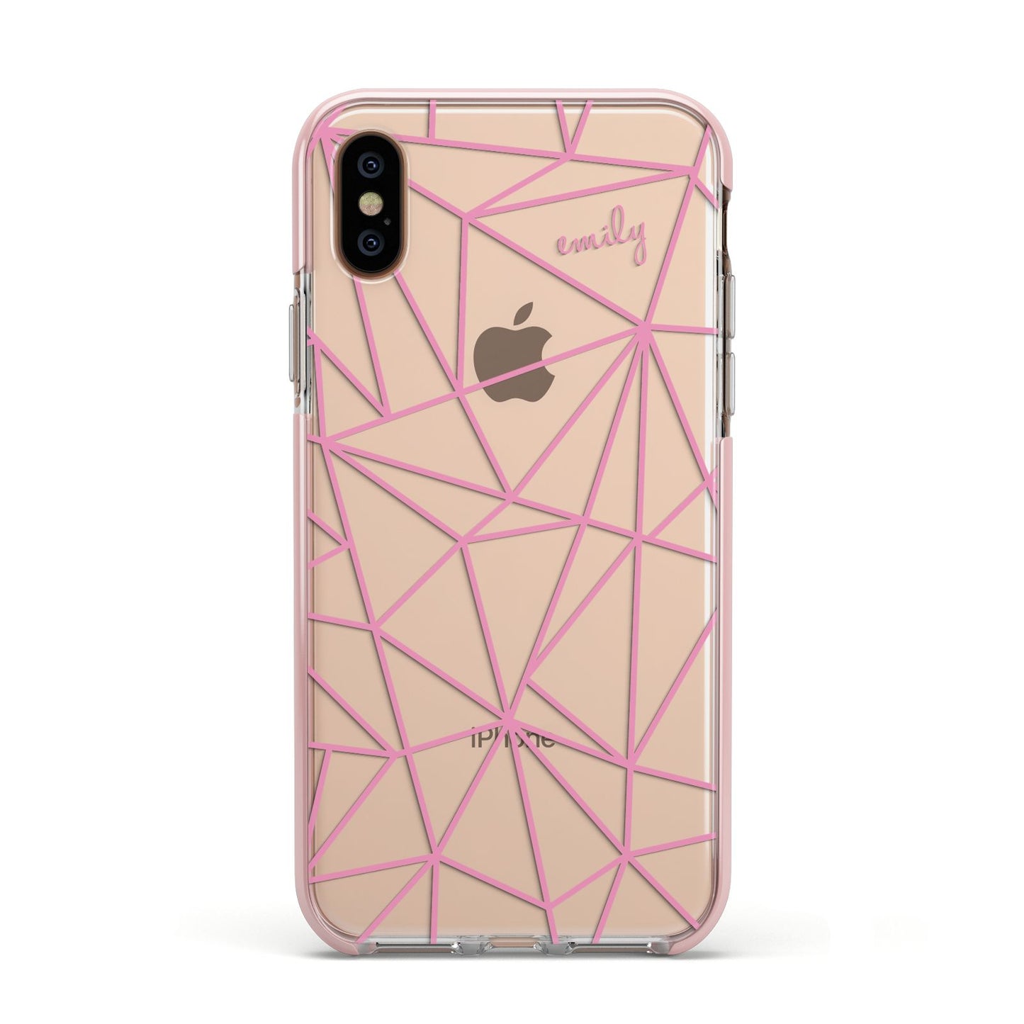 Personalised Clear Outlines Name Pink Apple iPhone Xs Impact Case Pink Edge on Gold Phone