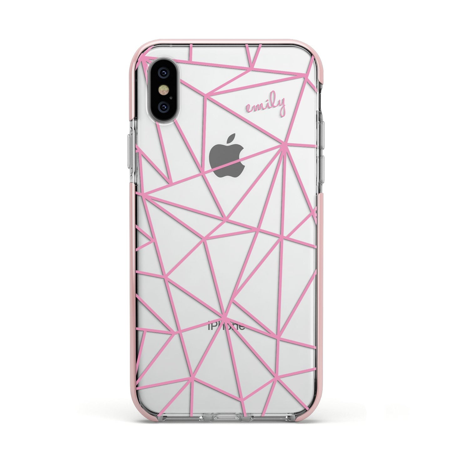 Personalised Clear Outlines Name Pink Apple iPhone Xs Impact Case Pink Edge on Silver Phone