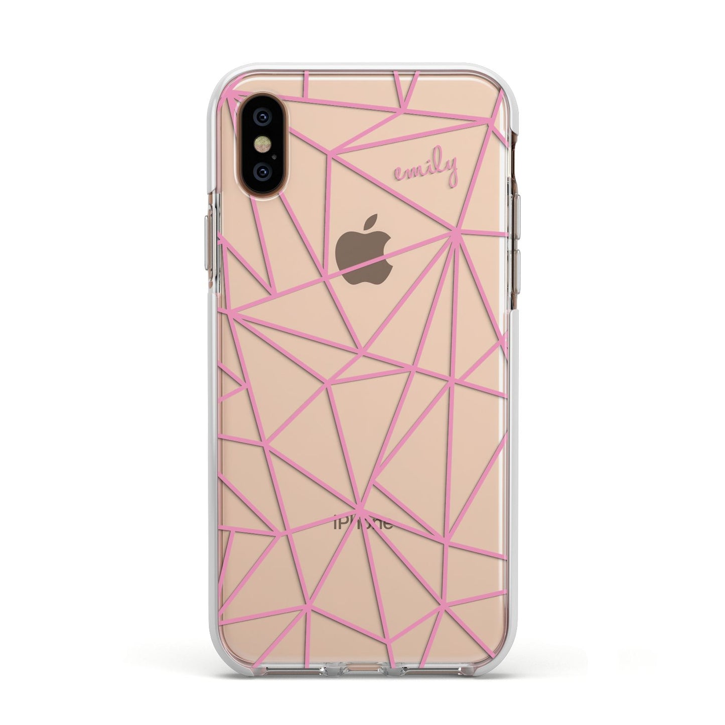 Personalised Clear Outlines Name Pink Apple iPhone Xs Impact Case White Edge on Gold Phone