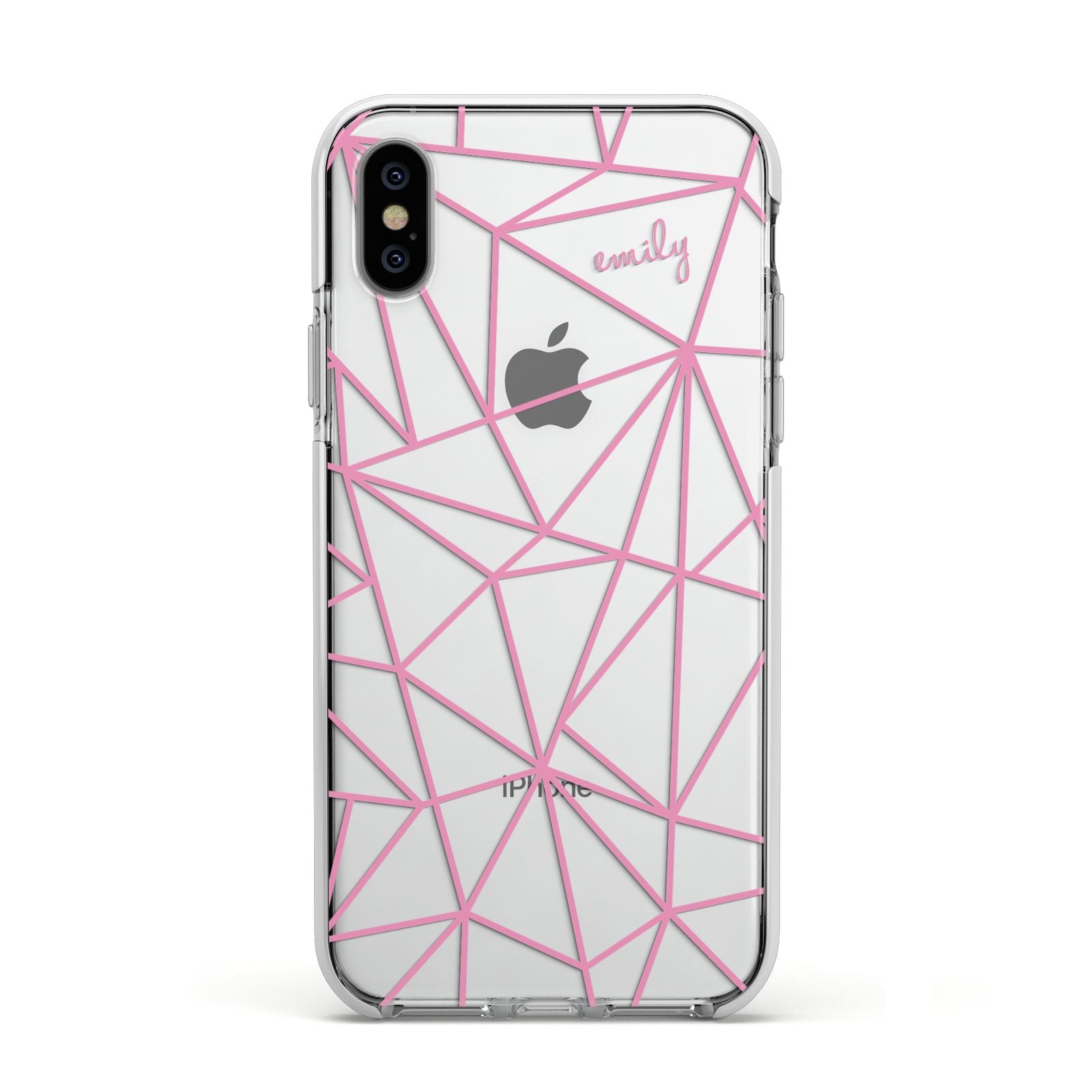 Personalised Clear Outlines Name Pink Apple iPhone Xs Impact Case White Edge on Silver Phone