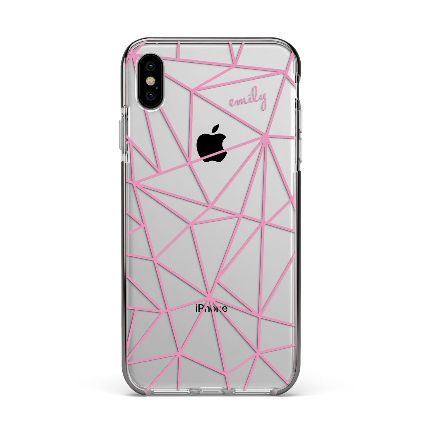 Personalised Clear Outlines Name Pink Apple iPhone Xs Max Impact Case Black Edge on Silver Phone