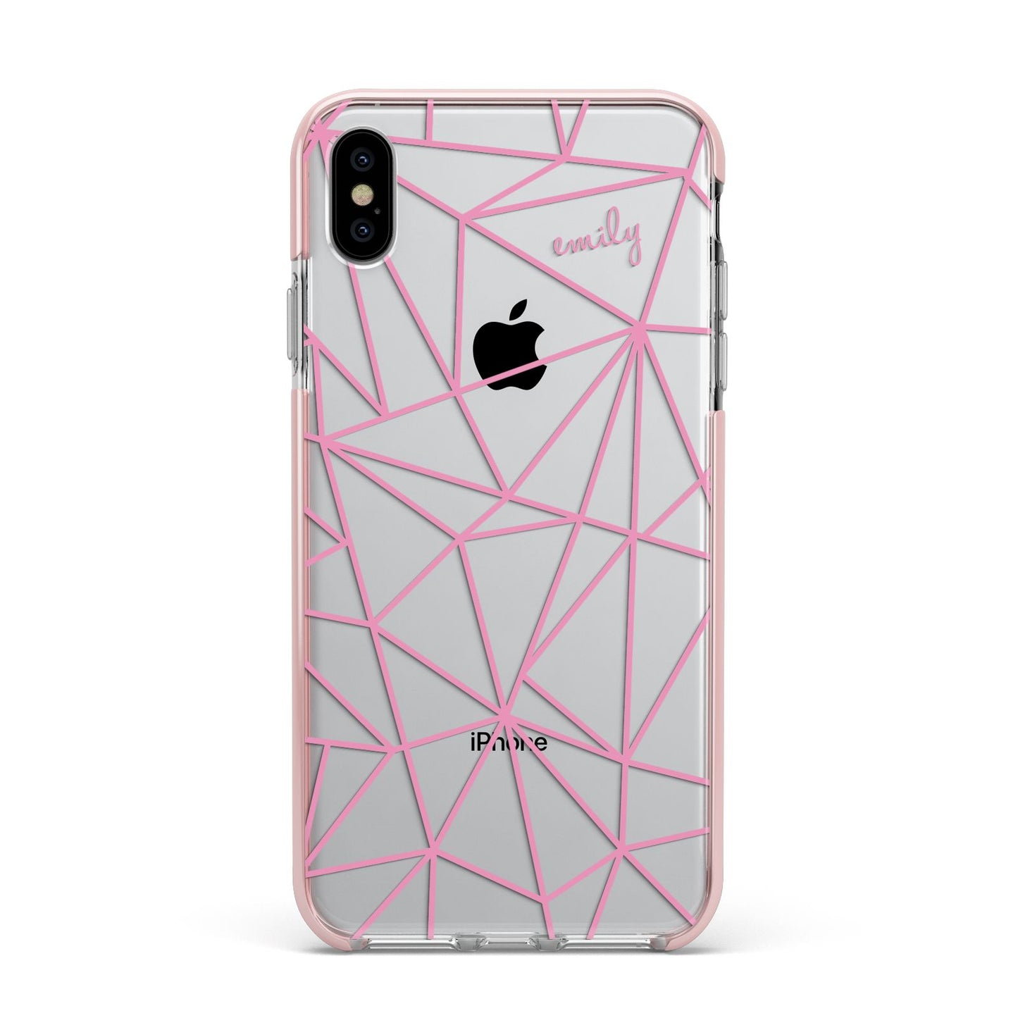 Personalised Clear Outlines Name Pink Apple iPhone Xs Max Impact Case Pink Edge on Silver Phone