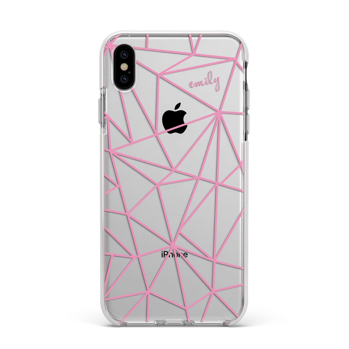 Personalised Clear Outlines Name Pink Apple iPhone Xs Max Impact Case White Edge on Silver Phone