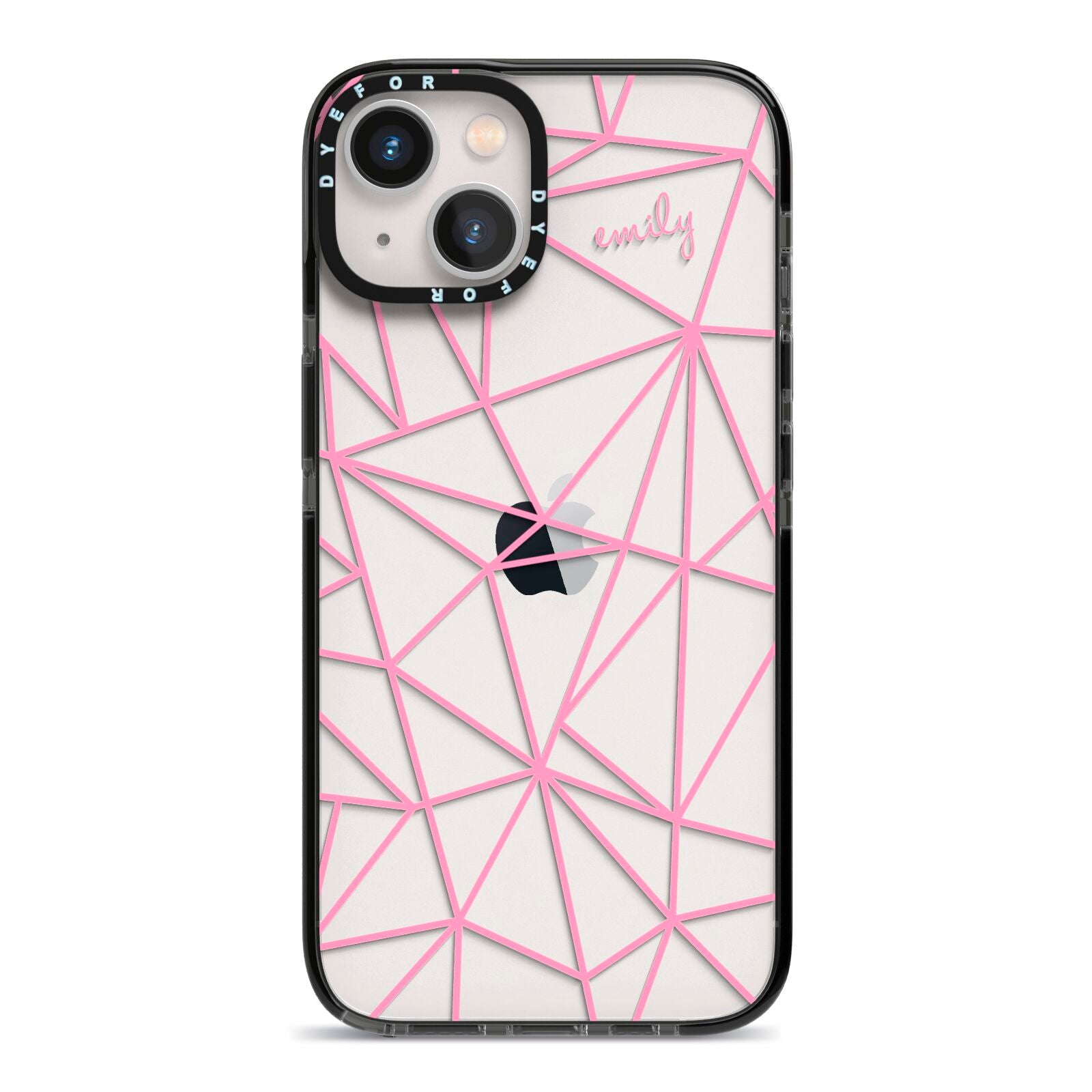 Personalised Clear Outlines Name Pink iPhone 13 Black Impact Case on Silver phone