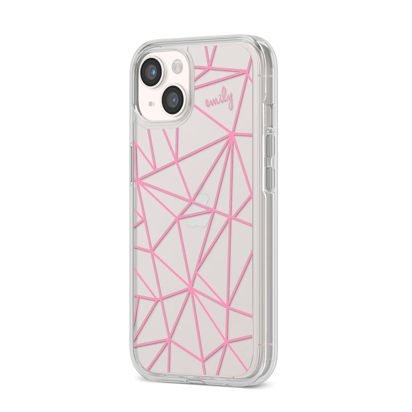 Personalised Clear Outlines Name Pink iPhone 14 Clear Tough Case Starlight Angled Image