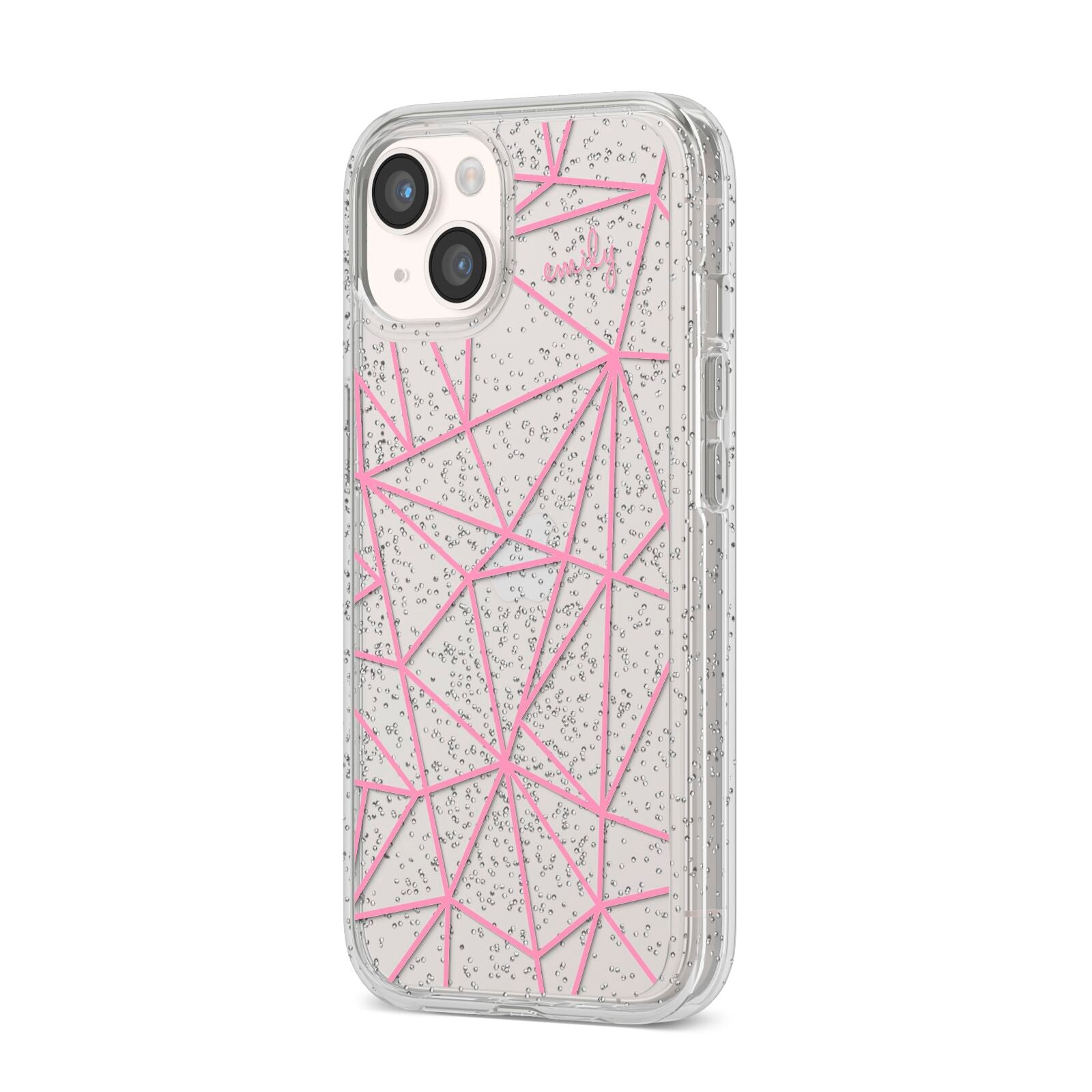 Personalised Clear Outlines Name Pink iPhone 14 Glitter Tough Case Starlight Angled Image