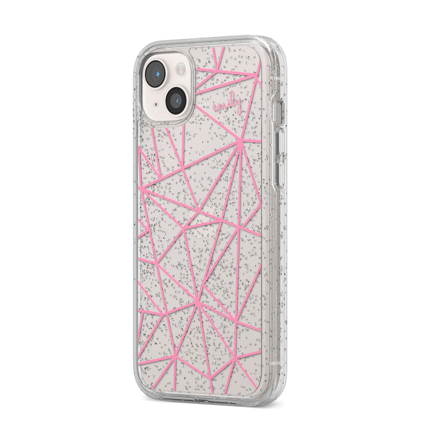 Personalised Clear Outlines Name Pink iPhone 14 Plus Glitter Tough Case Starlight Angled Image