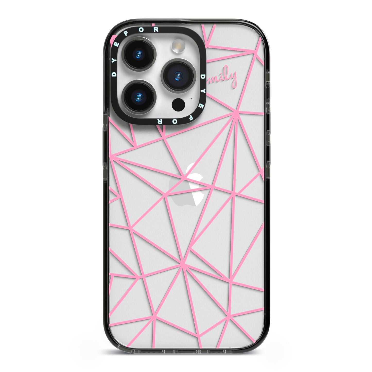 Personalised Clear Outlines Name Pink iPhone 14 Pro Black Impact Case on Silver phone