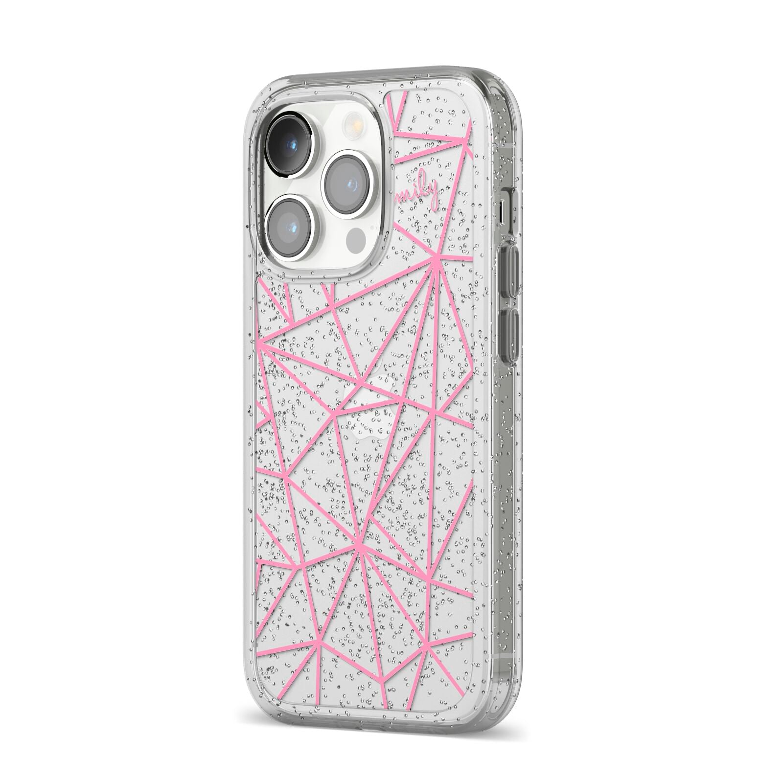 Personalised Clear Outlines Name Pink iPhone 14 Pro Glitter Tough Case Silver Angled Image