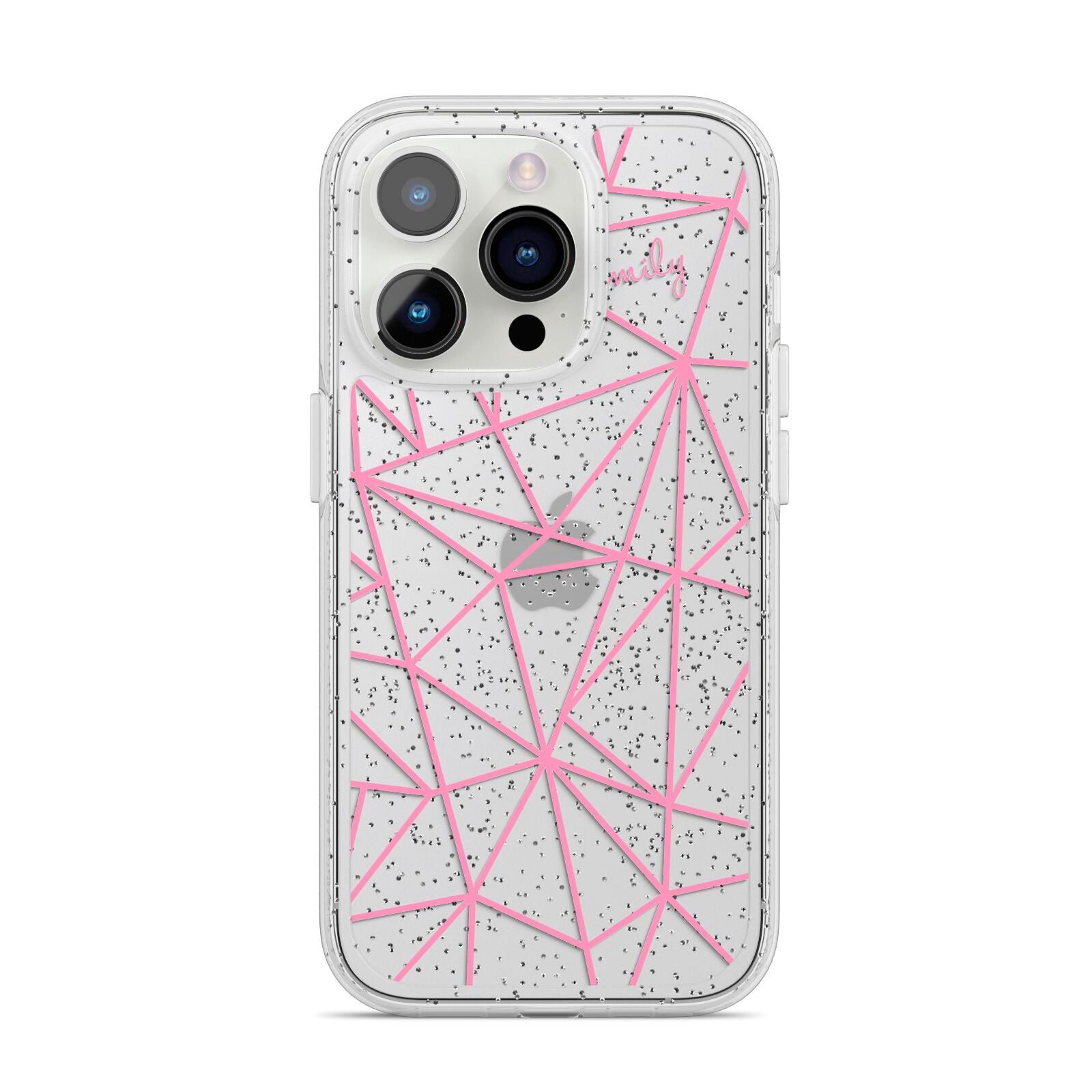 Personalised Clear Outlines Name Pink iPhone 14 Pro Glitter Tough Case Silver