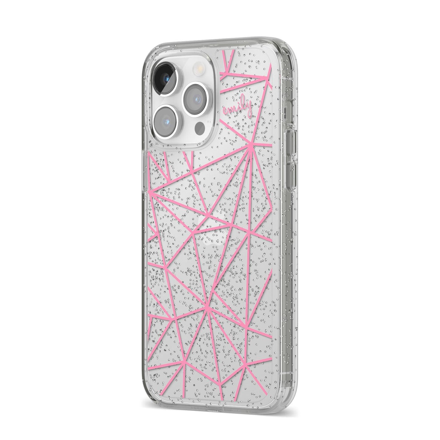 Personalised Clear Outlines Name Pink iPhone 14 Pro Max Glitter Tough Case Silver Angled Image