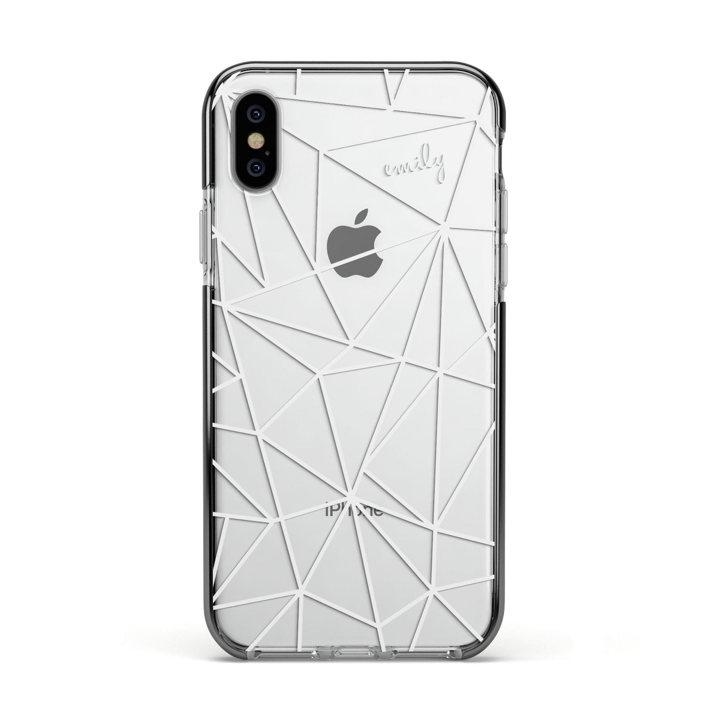 Personalised Clear Outlines Name White Apple iPhone Xs Impact Case Black Edge on Silver Phone