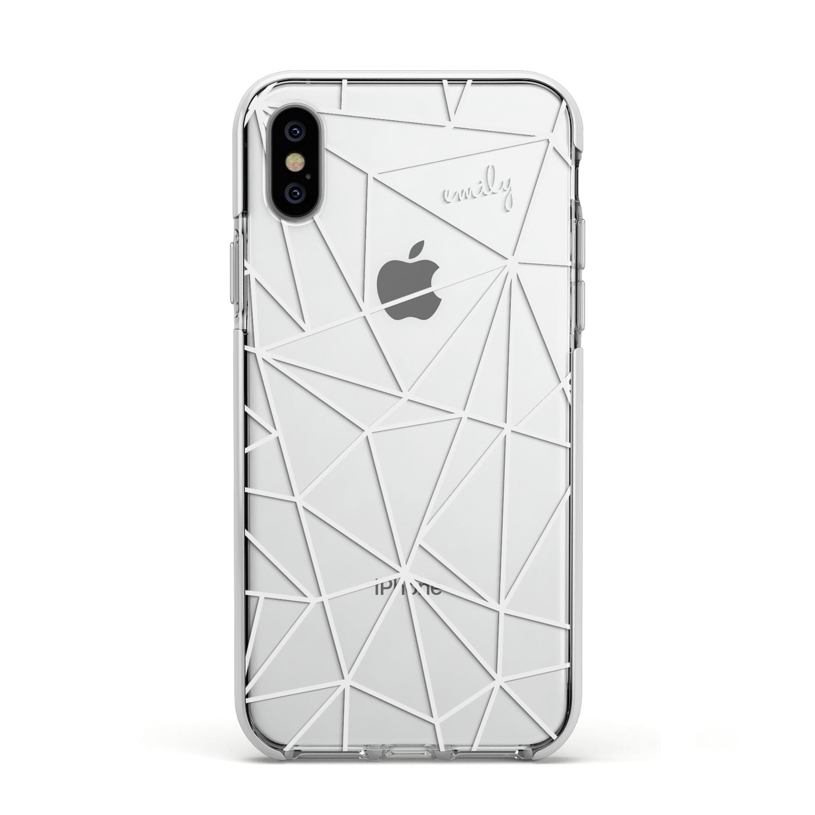 Personalised Clear Outlines Name White Apple iPhone Xs Impact Case White Edge on Silver Phone