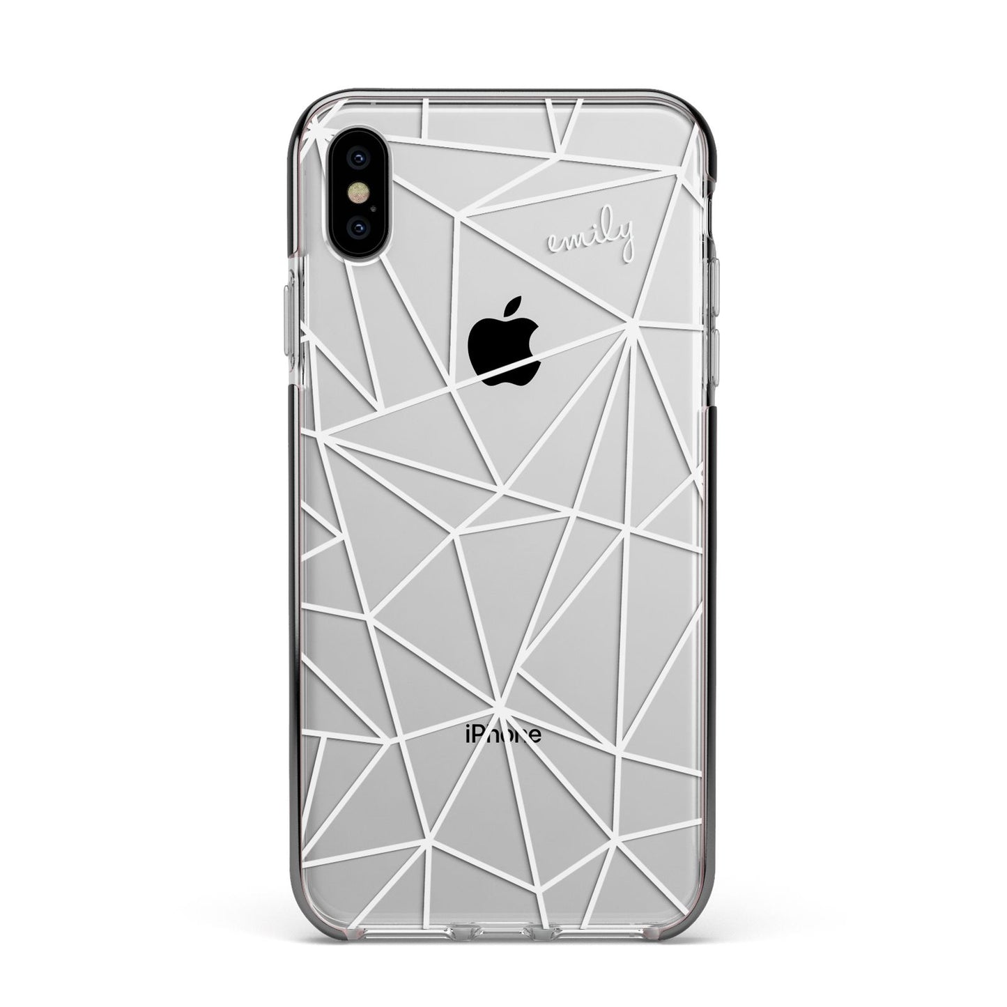 Personalised Clear Outlines Name White Apple iPhone Xs Max Impact Case Black Edge on Silver Phone