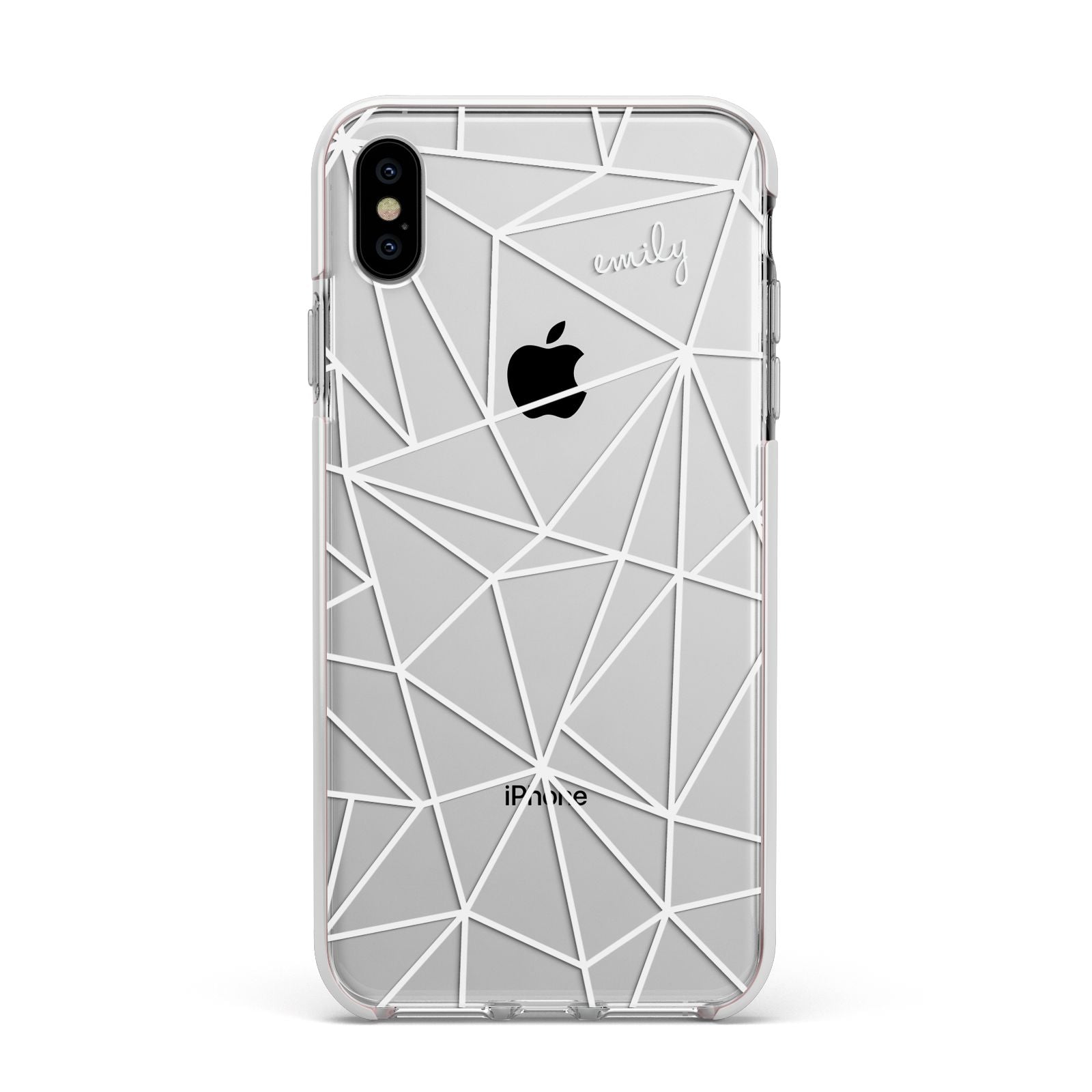 Personalised Clear Outlines Name White Apple iPhone Xs Max Impact Case White Edge on Silver Phone