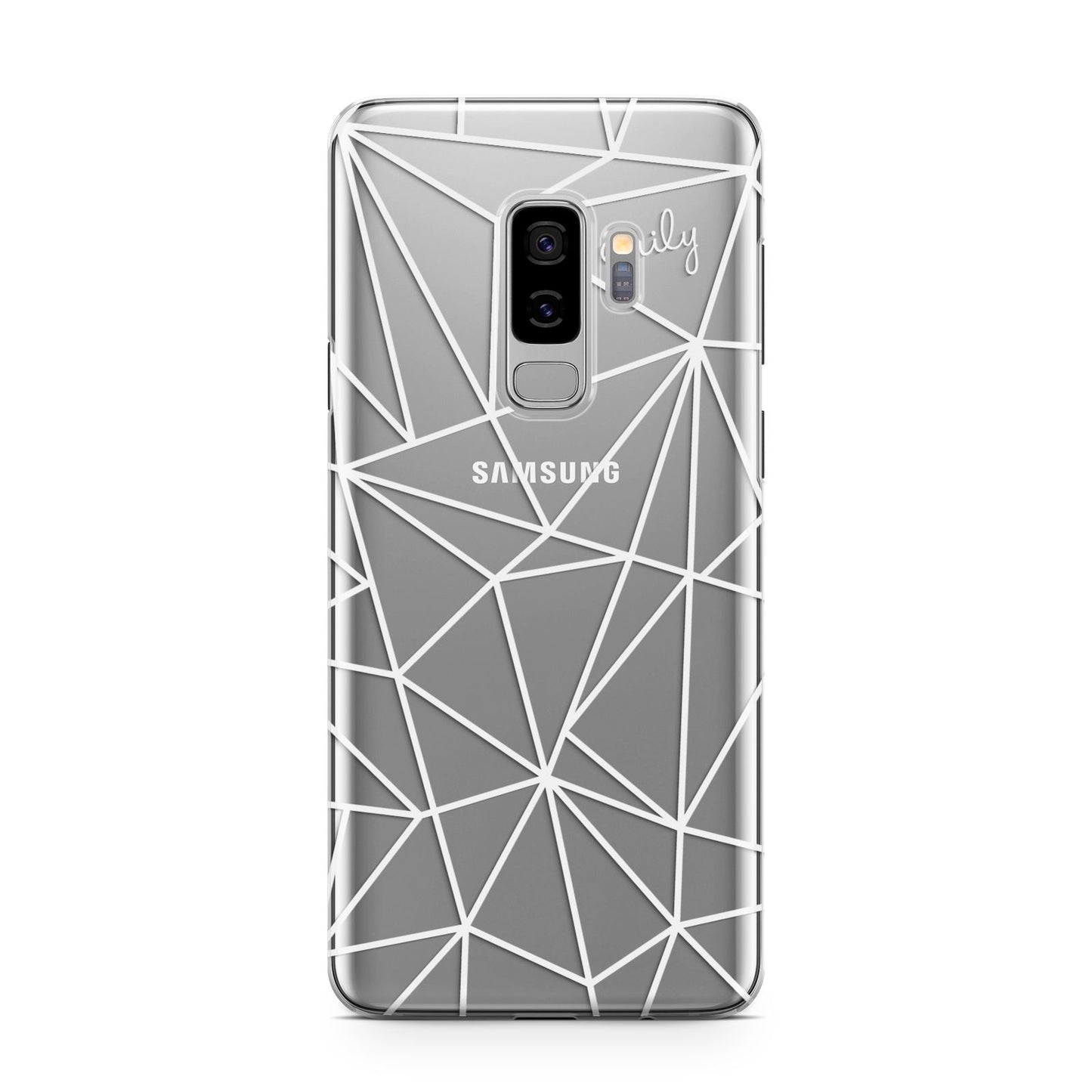 Personalised Clear Outlines Name White Samsung Galaxy S9 Plus Case on Silver phone