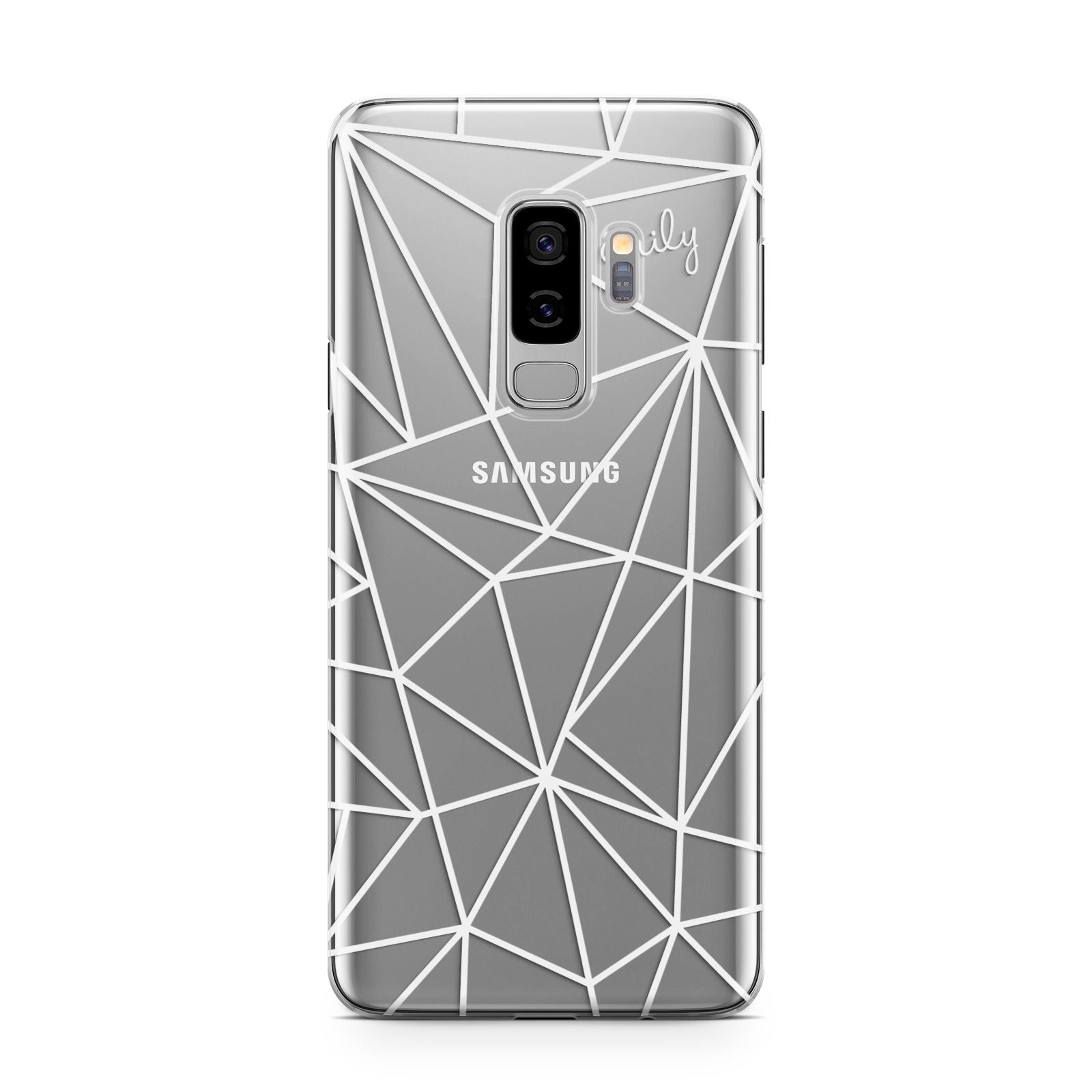 Personalised Clear Outlines Name White Samsung Galaxy S9 Plus Case on Silver phone