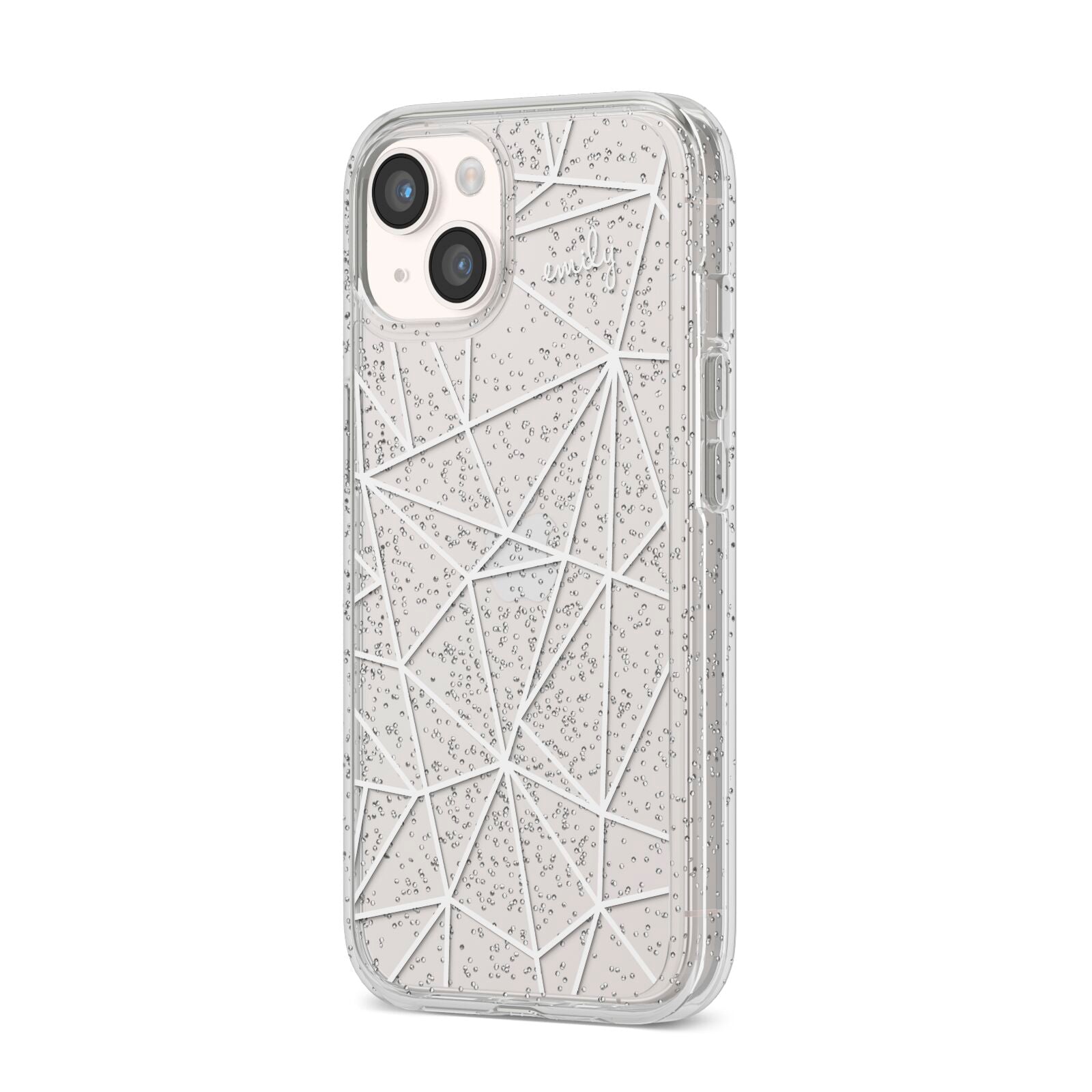 Personalised Clear Outlines Name White iPhone 14 Glitter Tough Case Starlight Angled Image