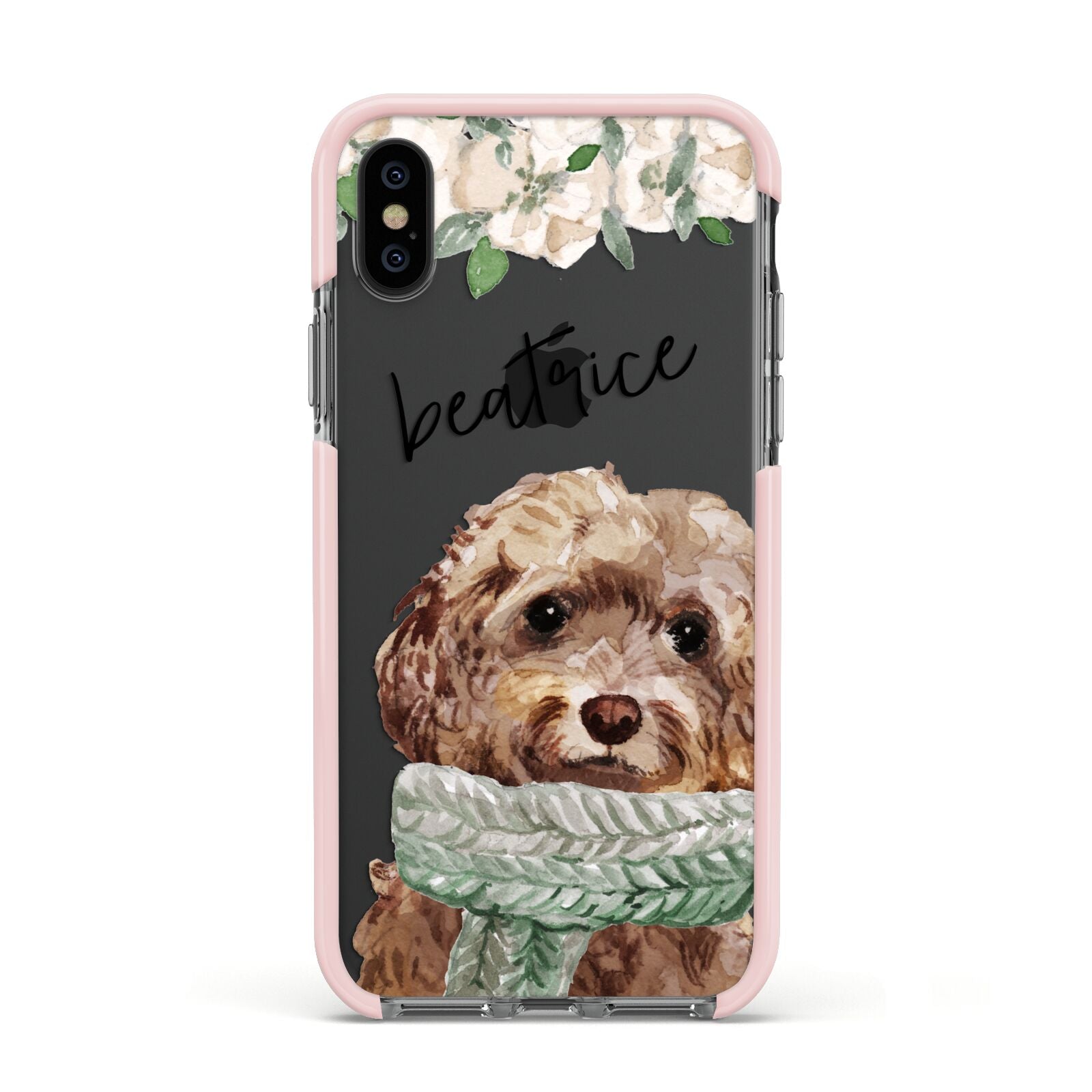 Personalised Cockapoo Dog Apple iPhone Xs Impact Case Pink Edge on Black Phone