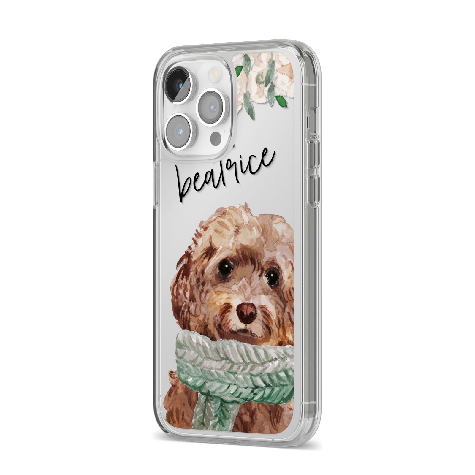 Personalised Cockapoo Dog iPhone 14 Pro Max Clear Tough Case Silver Angled Image
