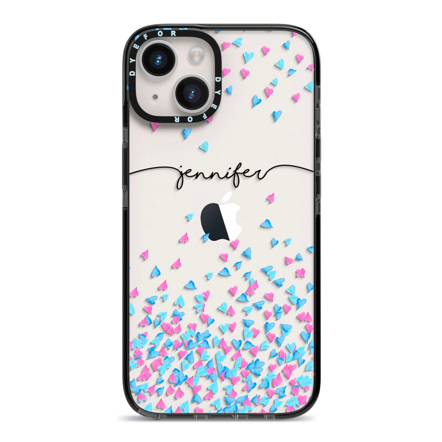 Personalised Confetti Hearts iPhone 14 Black Impact Case on Silver phone