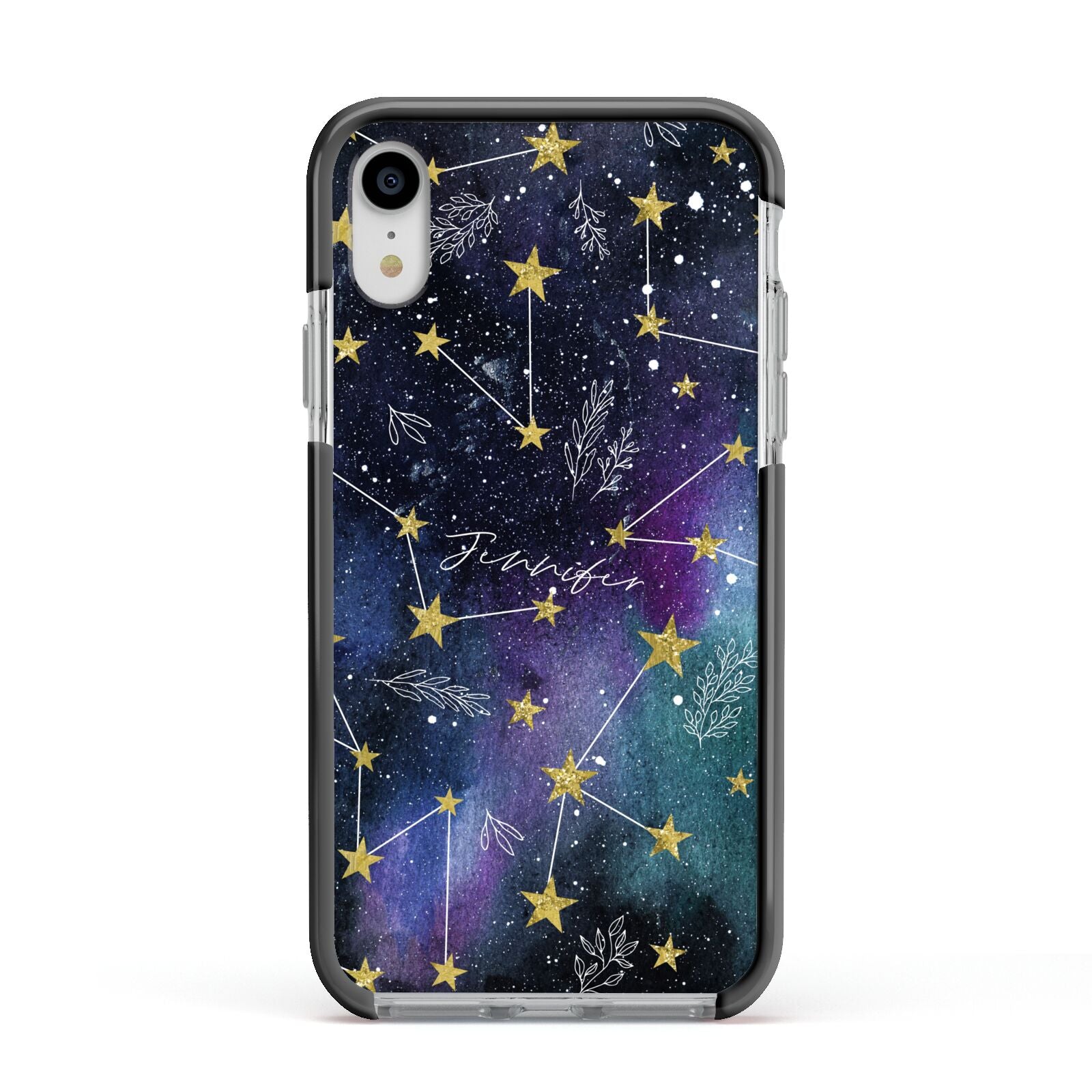 Personalised Constellation Apple iPhone XR Impact Case Black Edge on Silver Phone