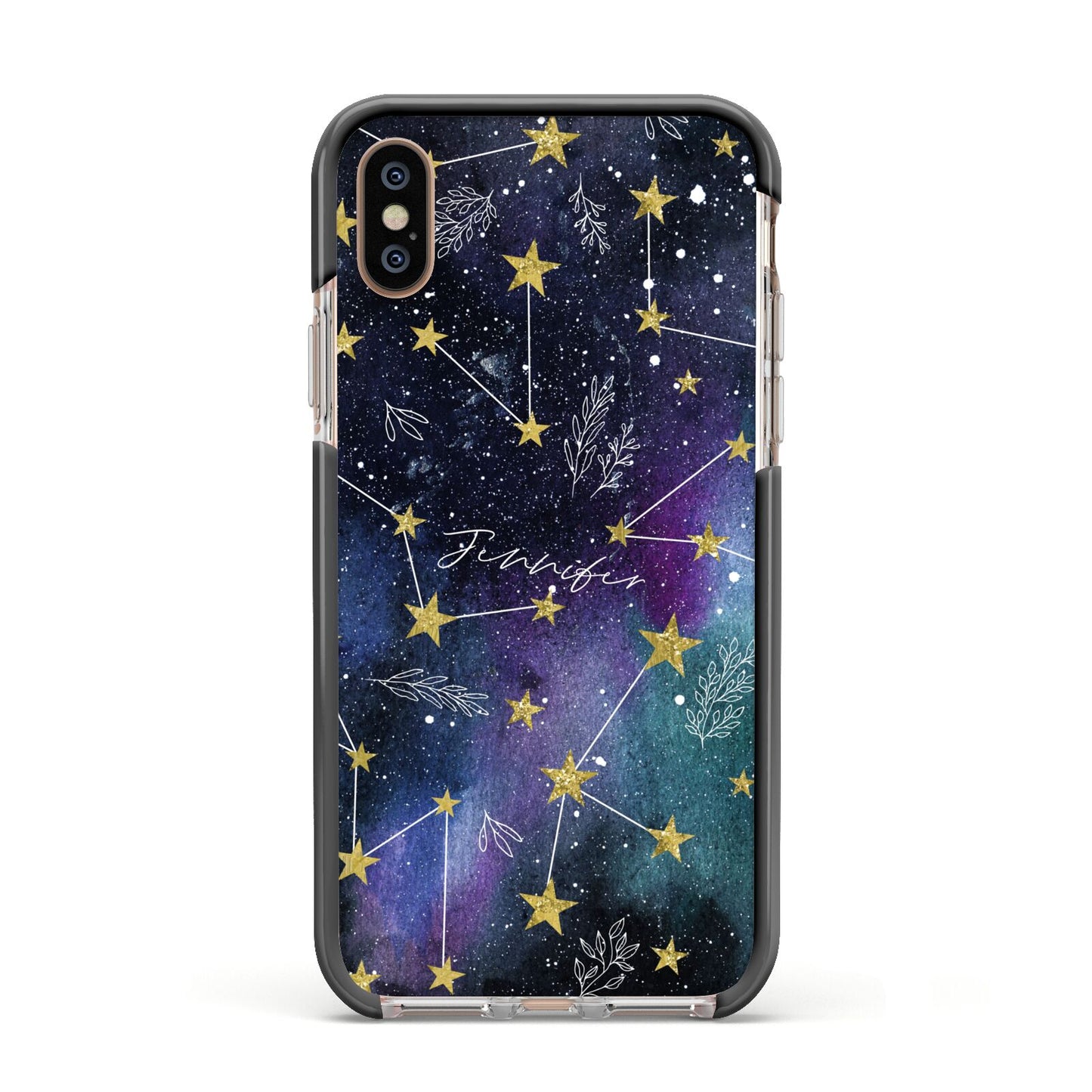 Personalised Constellation Apple iPhone Xs Impact Case Black Edge on Gold Phone