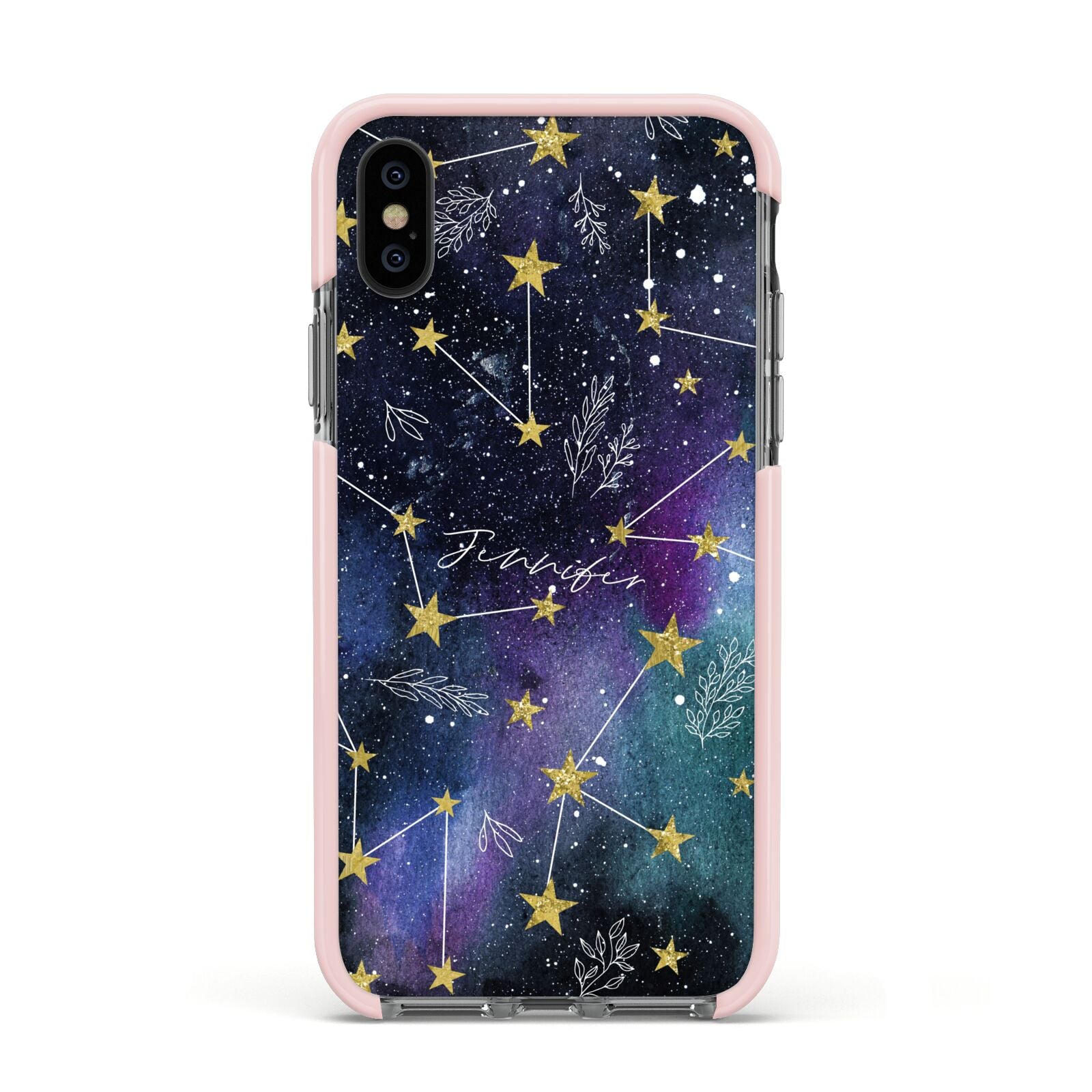 Personalised Constellation Apple iPhone Xs Impact Case Pink Edge on Black Phone