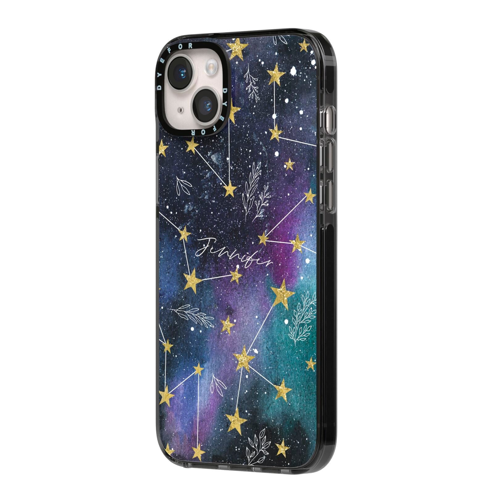 Personalised Constellation iPhone 14 Plus Black Impact Case Side Angle on Silver phone