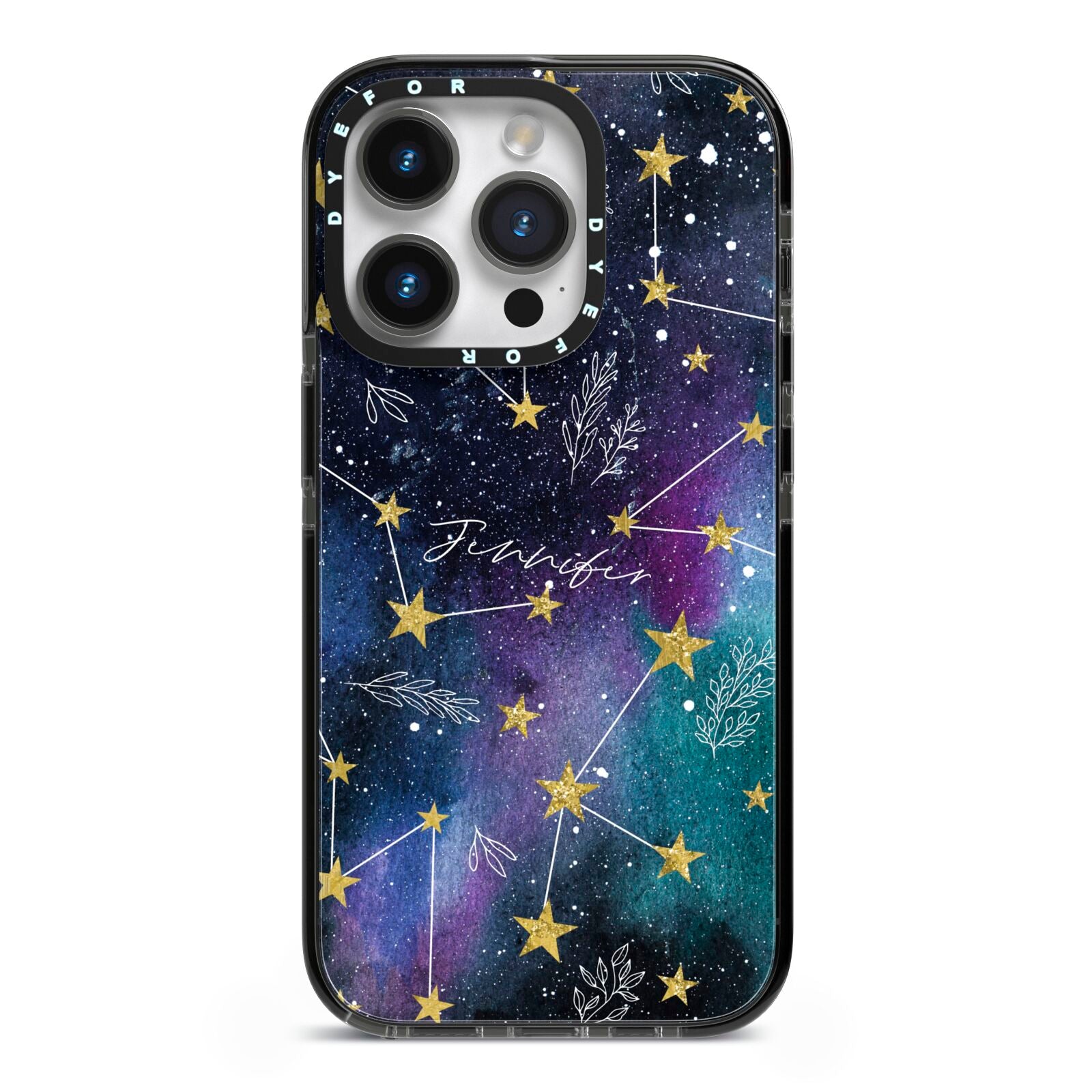 Personalised Constellation iPhone 14 Pro Black Impact Case on Silver phone