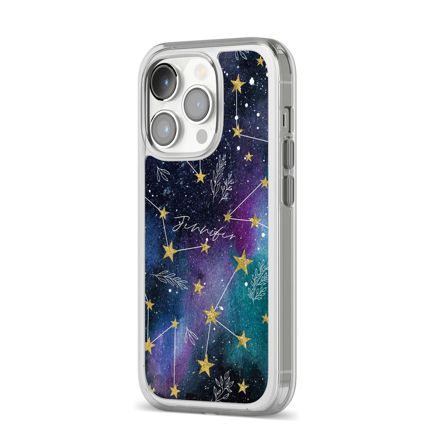 Personalised Constellation iPhone 14 Pro Clear Tough Case Silver Angled Image