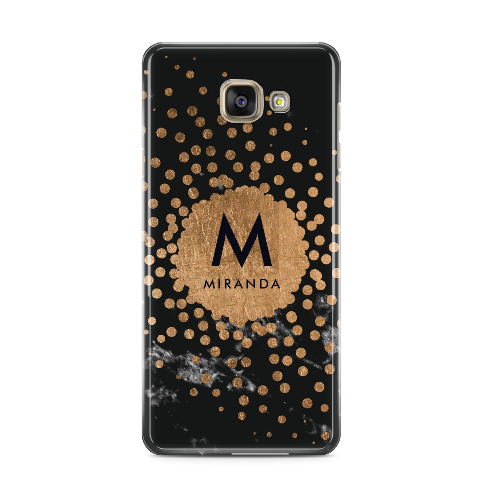 Personalised Copper Black Marble With Name Samsung Galaxy A3 2016 Case on gold phone