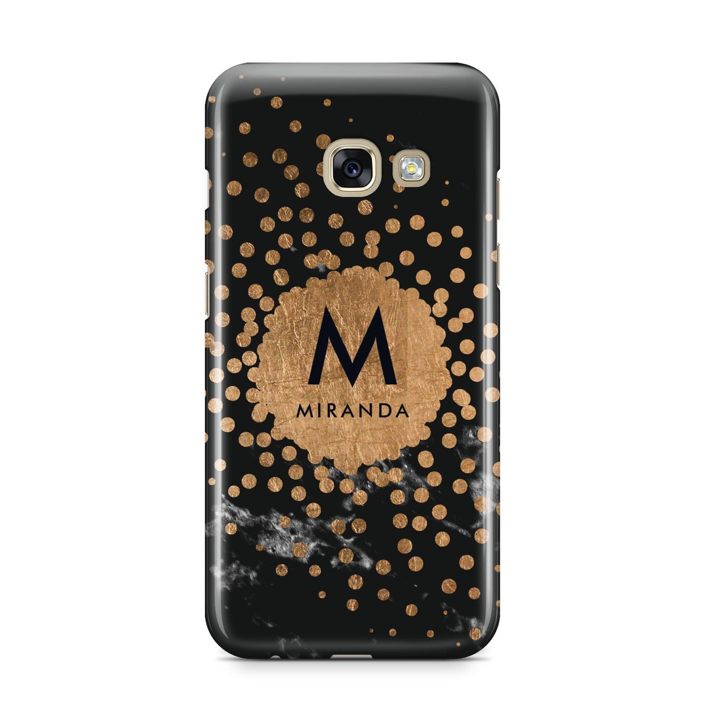 Personalised Copper Black Marble With Name Samsung Galaxy A3 2017 Case on gold phone