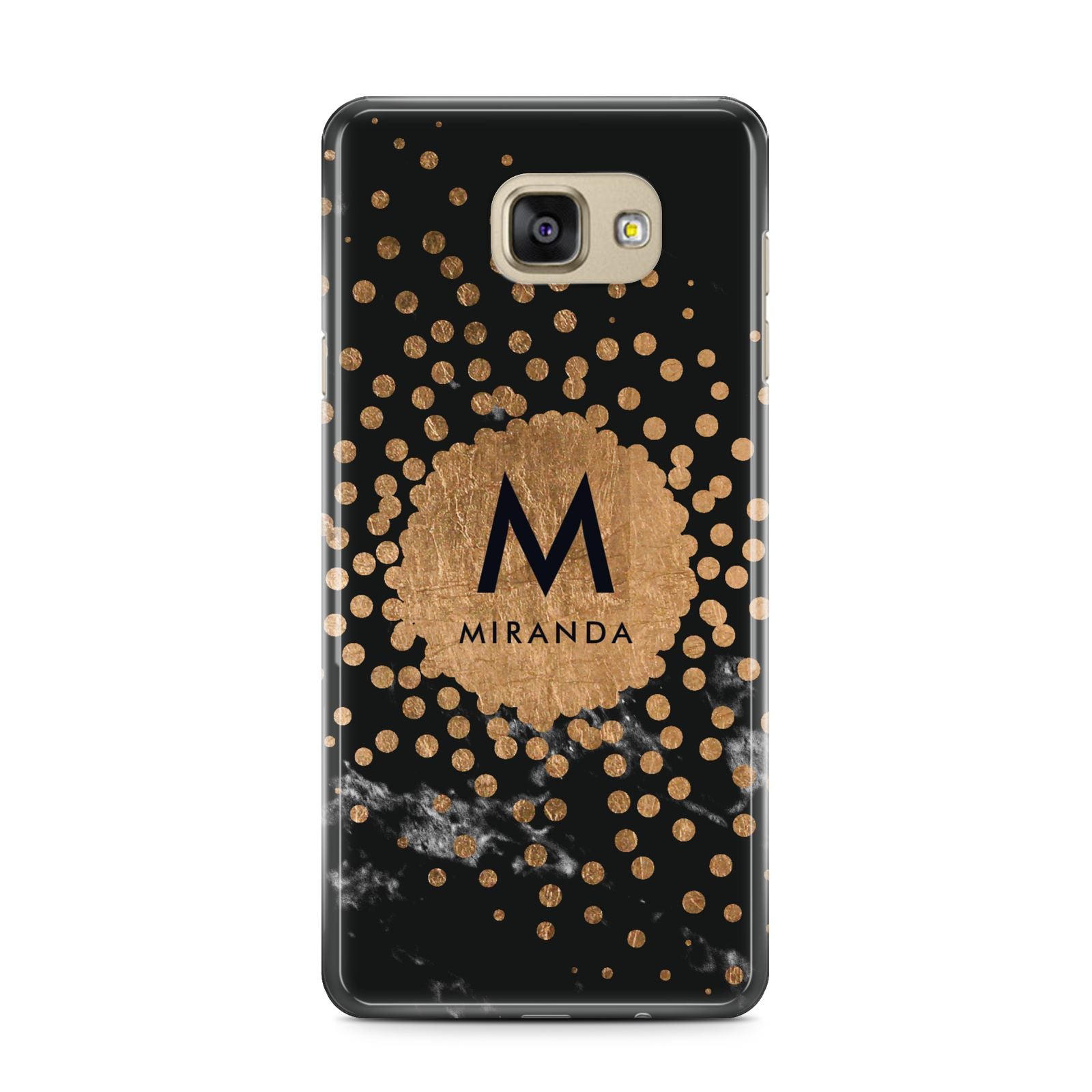 Personalised Copper Black Marble With Name Samsung Galaxy A7 2016 Case on gold phone