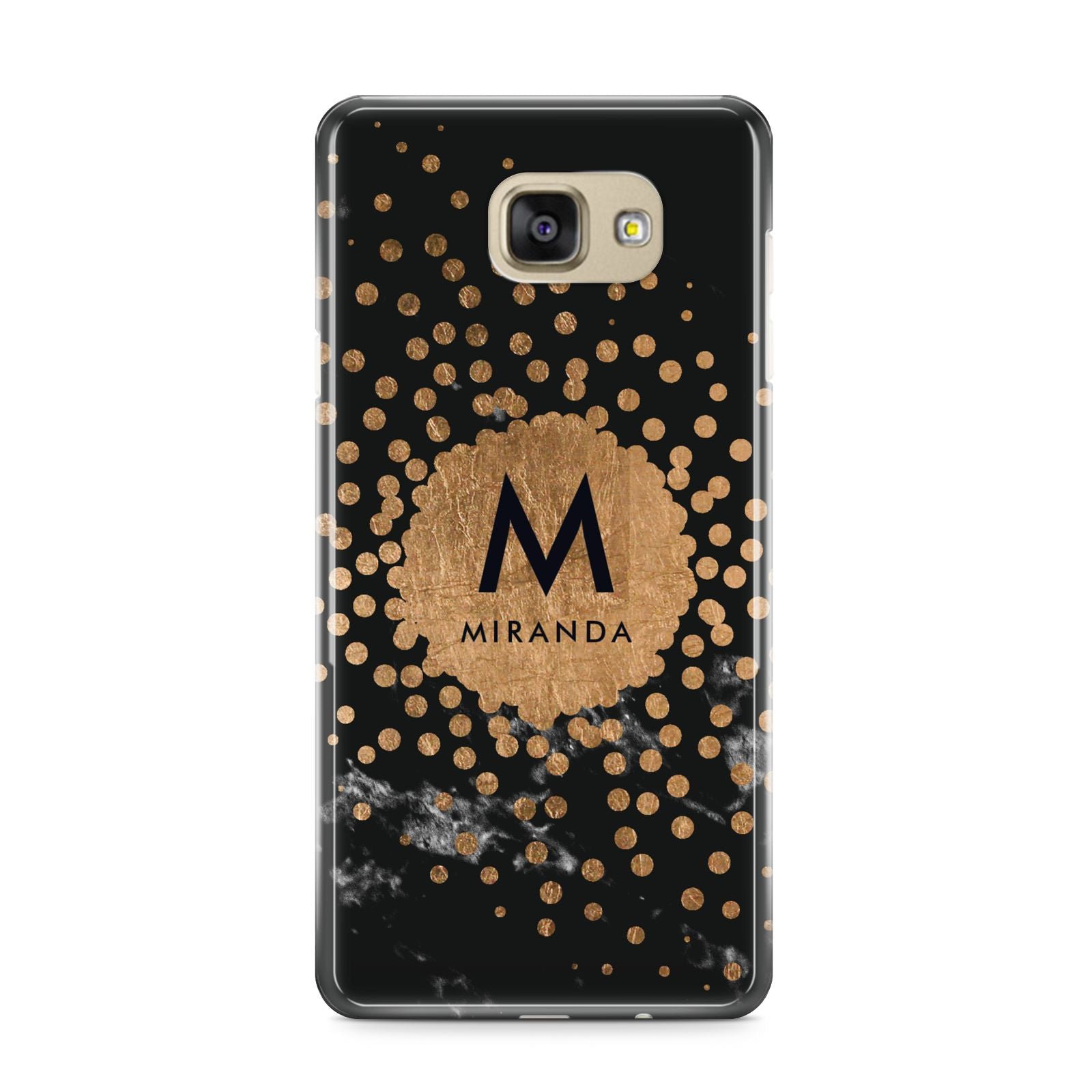 Personalised Copper Black Marble With Name Samsung Galaxy A9 2016 Case on gold phone