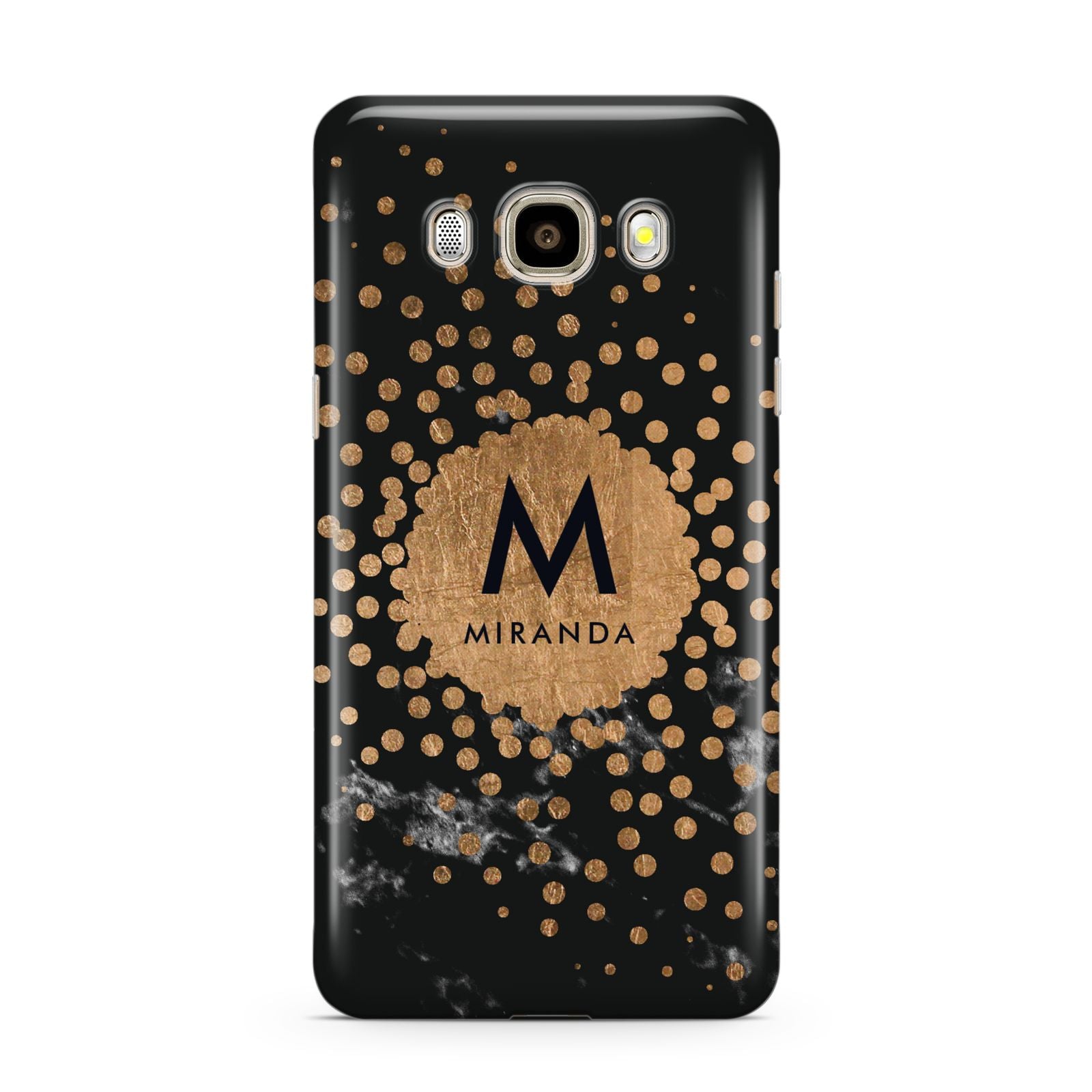 Personalised Copper Black Marble With Name Samsung Galaxy J7 2016 Case on gold phone