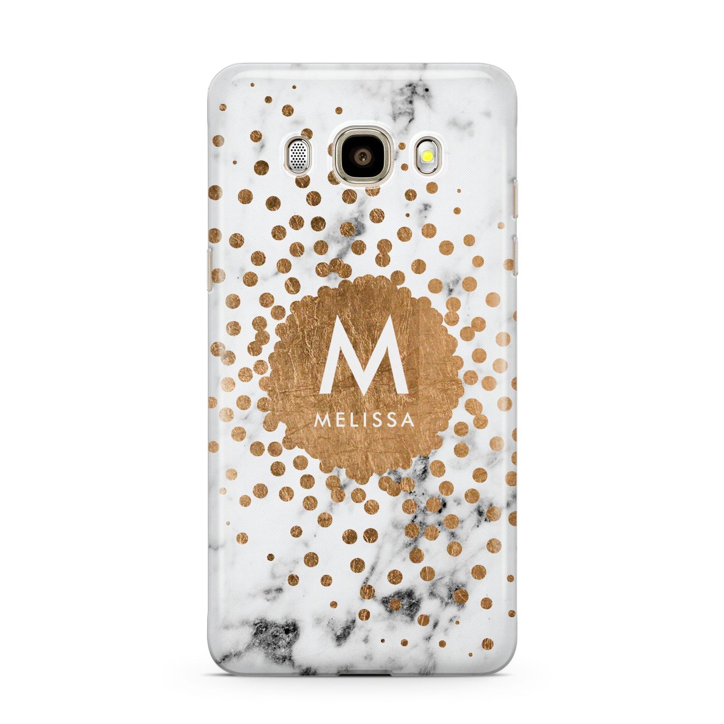 Personalised Copper Confetti Marble Name Samsung Galaxy J7 2016 Case on gold phone