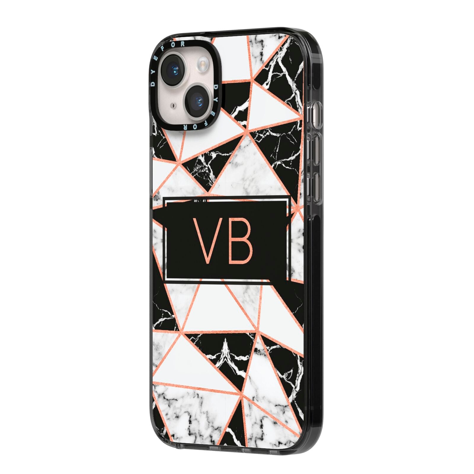 Personalised Copper Marble Initials iPhone 14 Plus Black Impact Case Side Angle on Silver phone