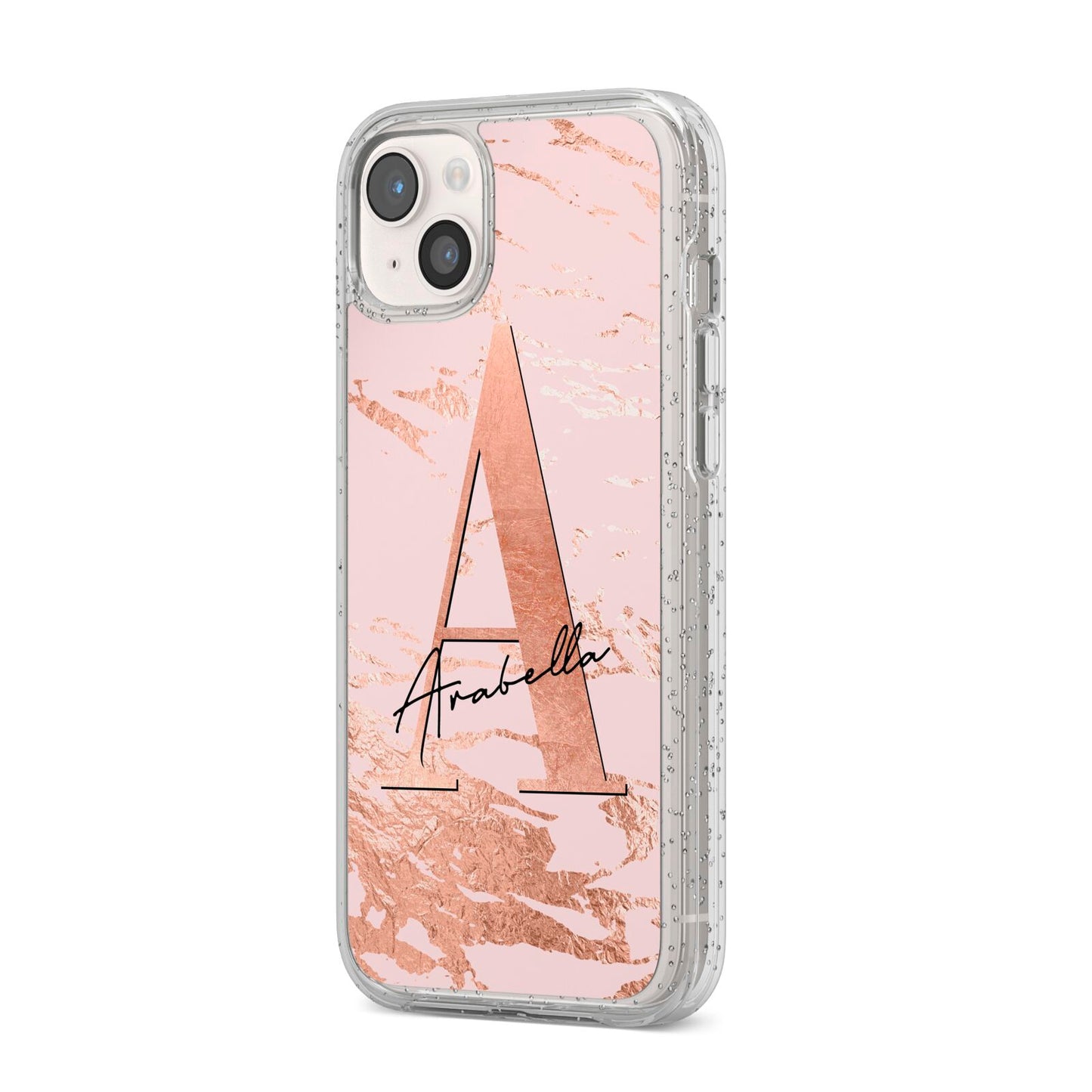 Personalised Copper Pink Marble iPhone 14 Plus Glitter Tough Case Starlight Angled Image