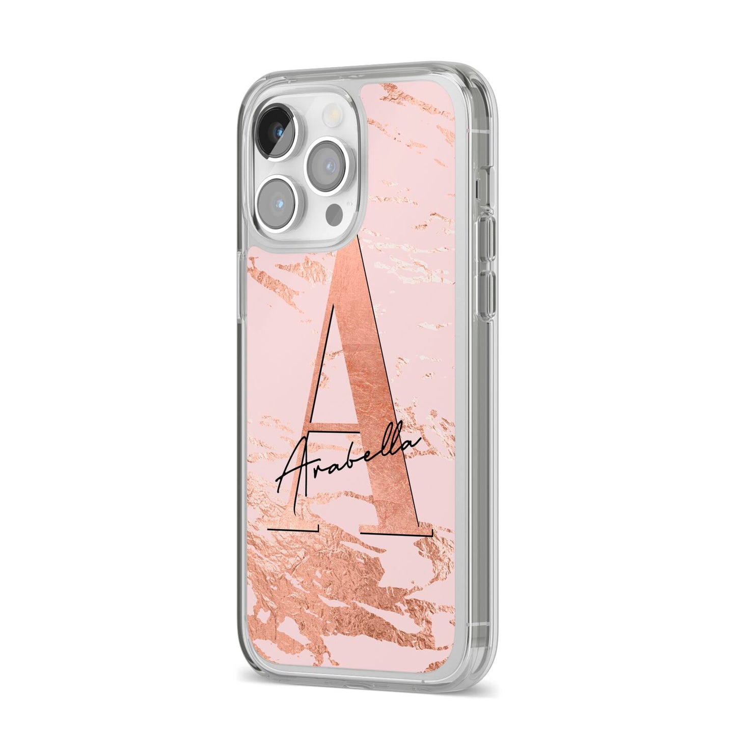 Personalised Copper Pink Marble iPhone 14 Pro Max Clear Tough Case Silver Angled Image