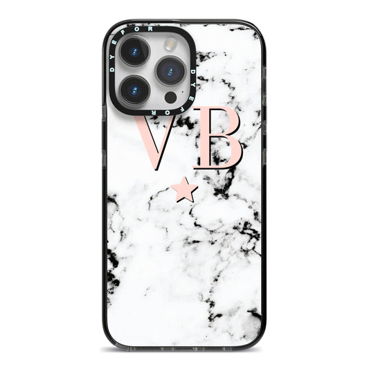 Personalised Coral Initials Star Marble iPhone 14 Pro Max Black Impact Case on Silver phone