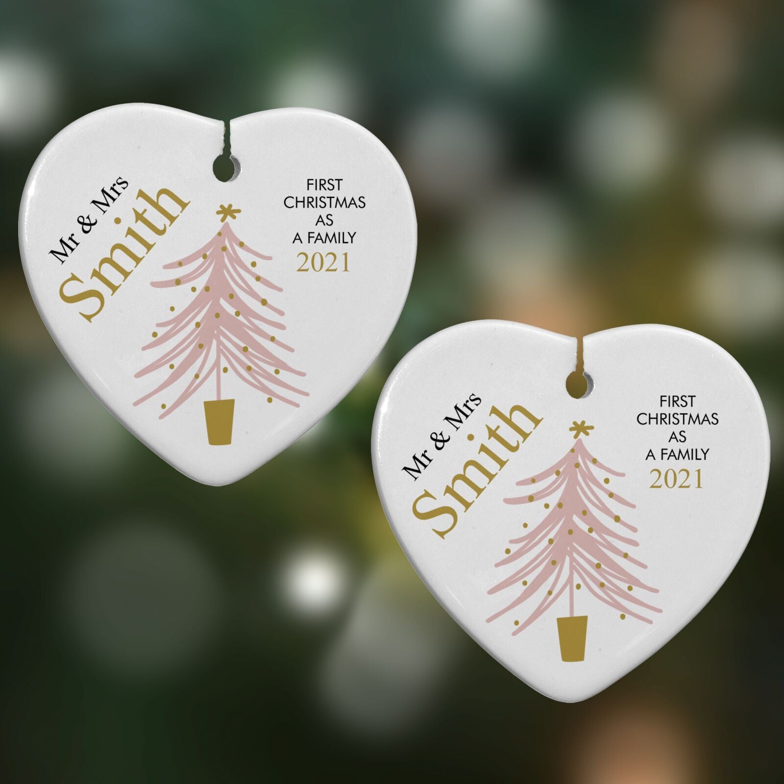 Personalised Couples First Christmas Heart Decoration on Christmas Background