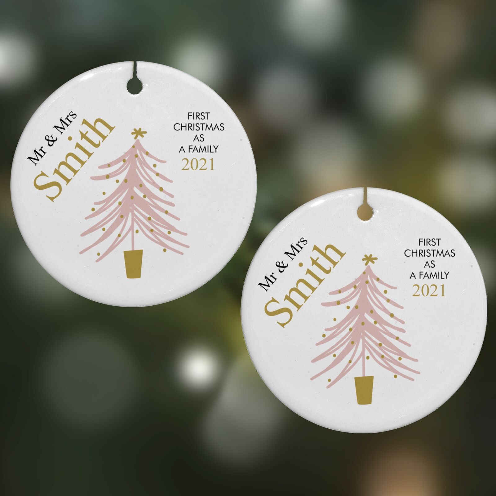 Personalised Couples First Christmas Round Decoration on Christmas Background